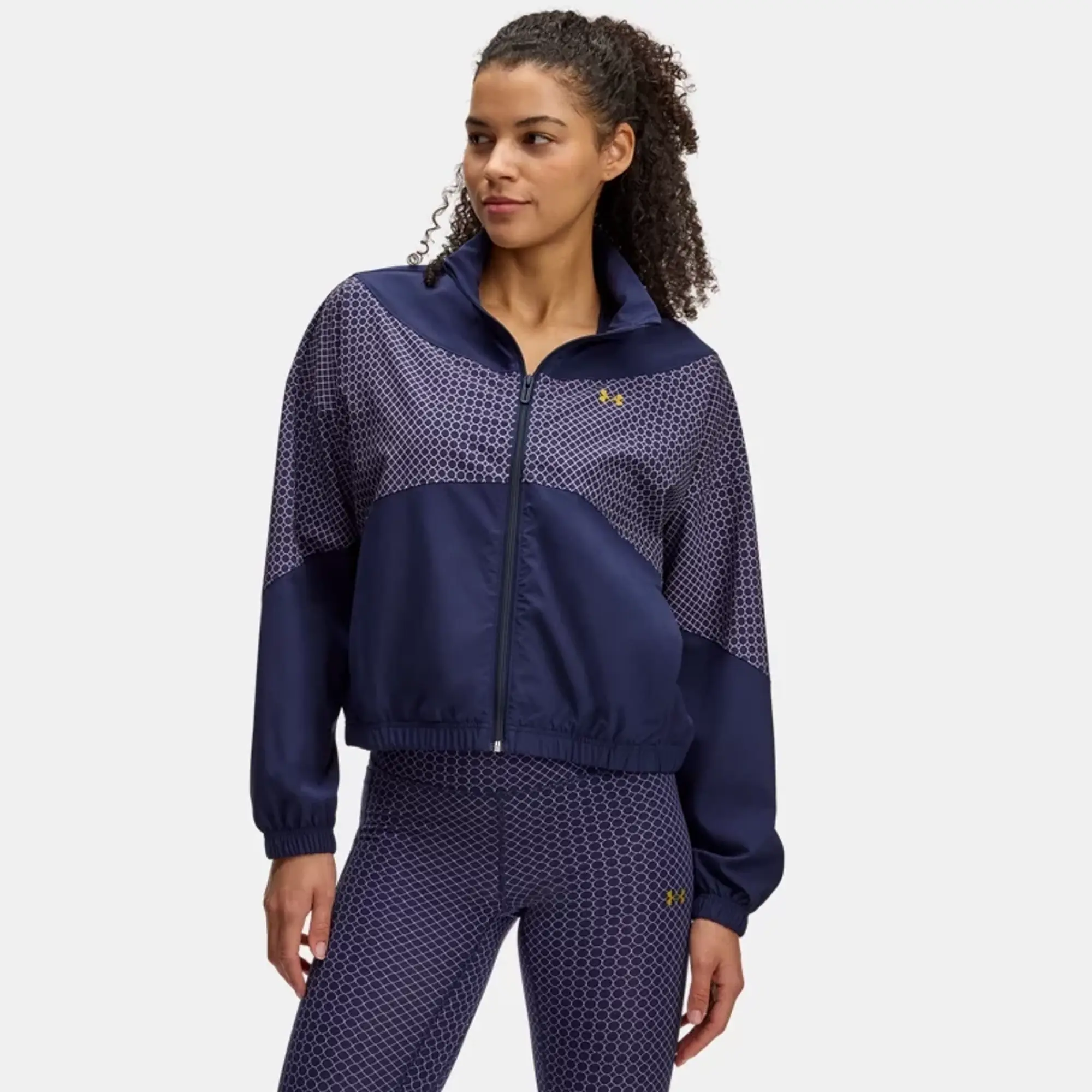 Women's  Under Armour  Rival Stretch Woven Holiday Jacket Midnight Navy / Purple Prime / Metallic Gold XS