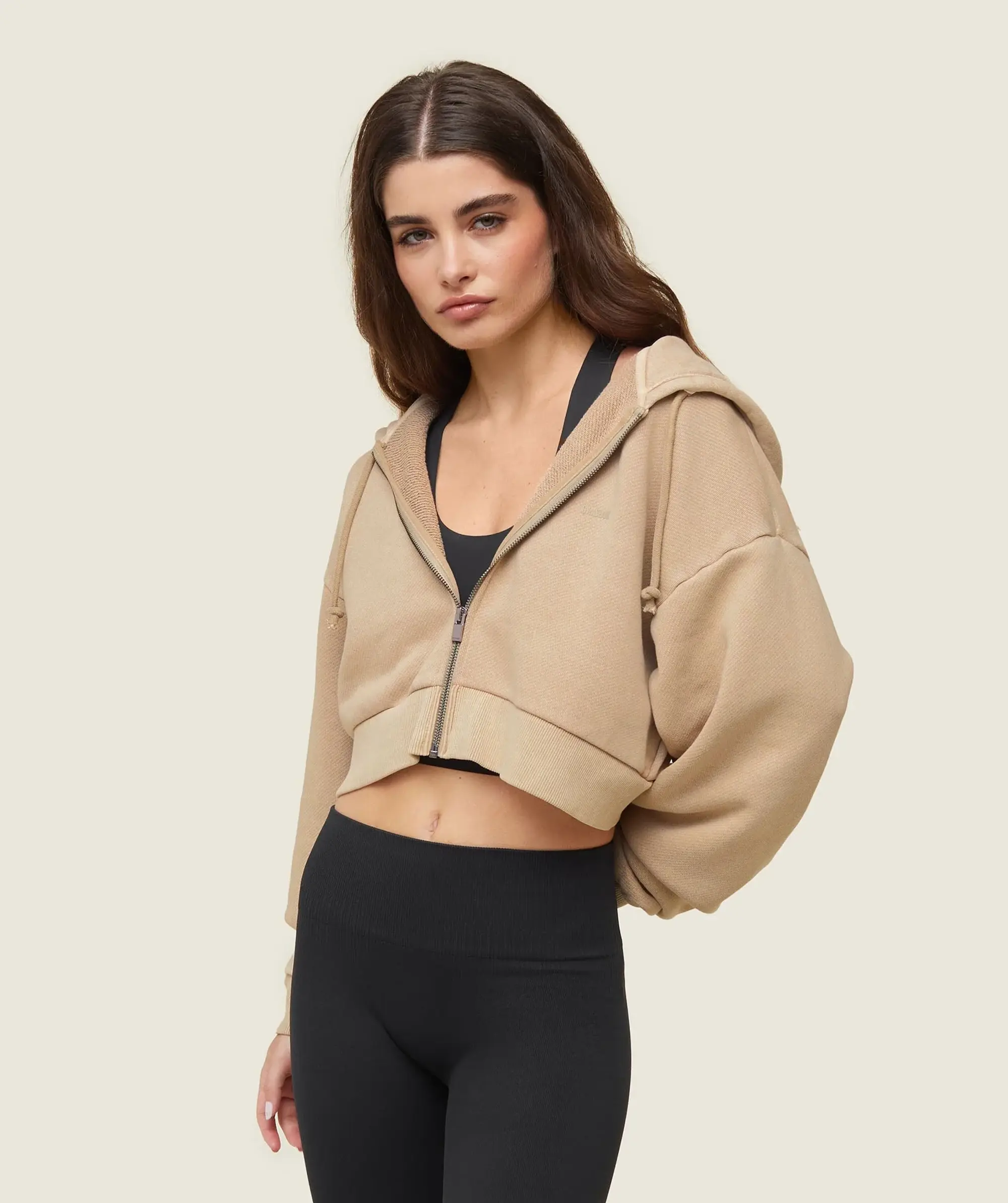 Gymshark everywear Cropped Zip Hoodie - Deep Beige