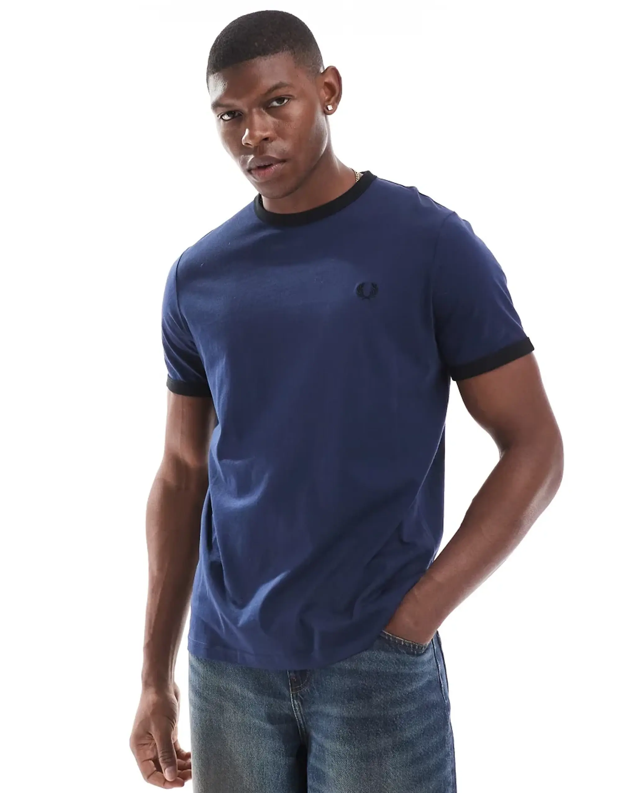 Fred Perry Ringer T-Shirt In Blue With Black Tipping-Navy