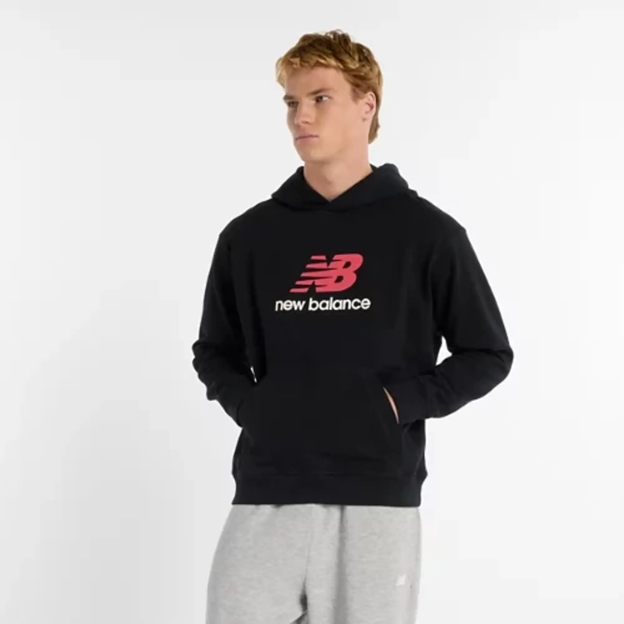 New Balance Men's Athletics French Terry Logo Hoodie in Black Cotton