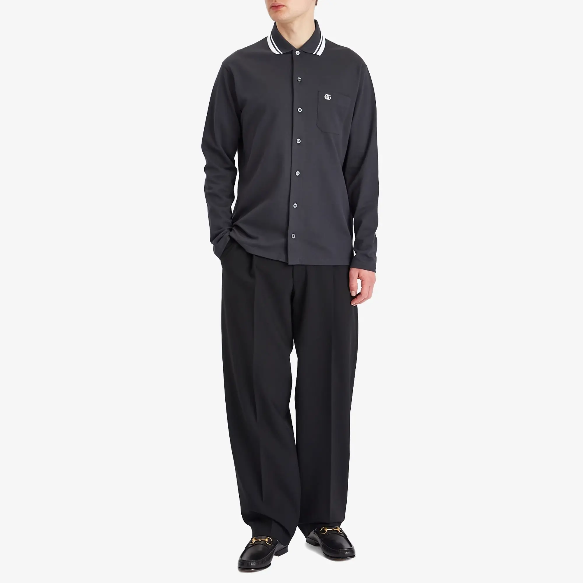 Gucci Men's Stretch Cotton Long Sleeve Polo Shirt Dark Grey