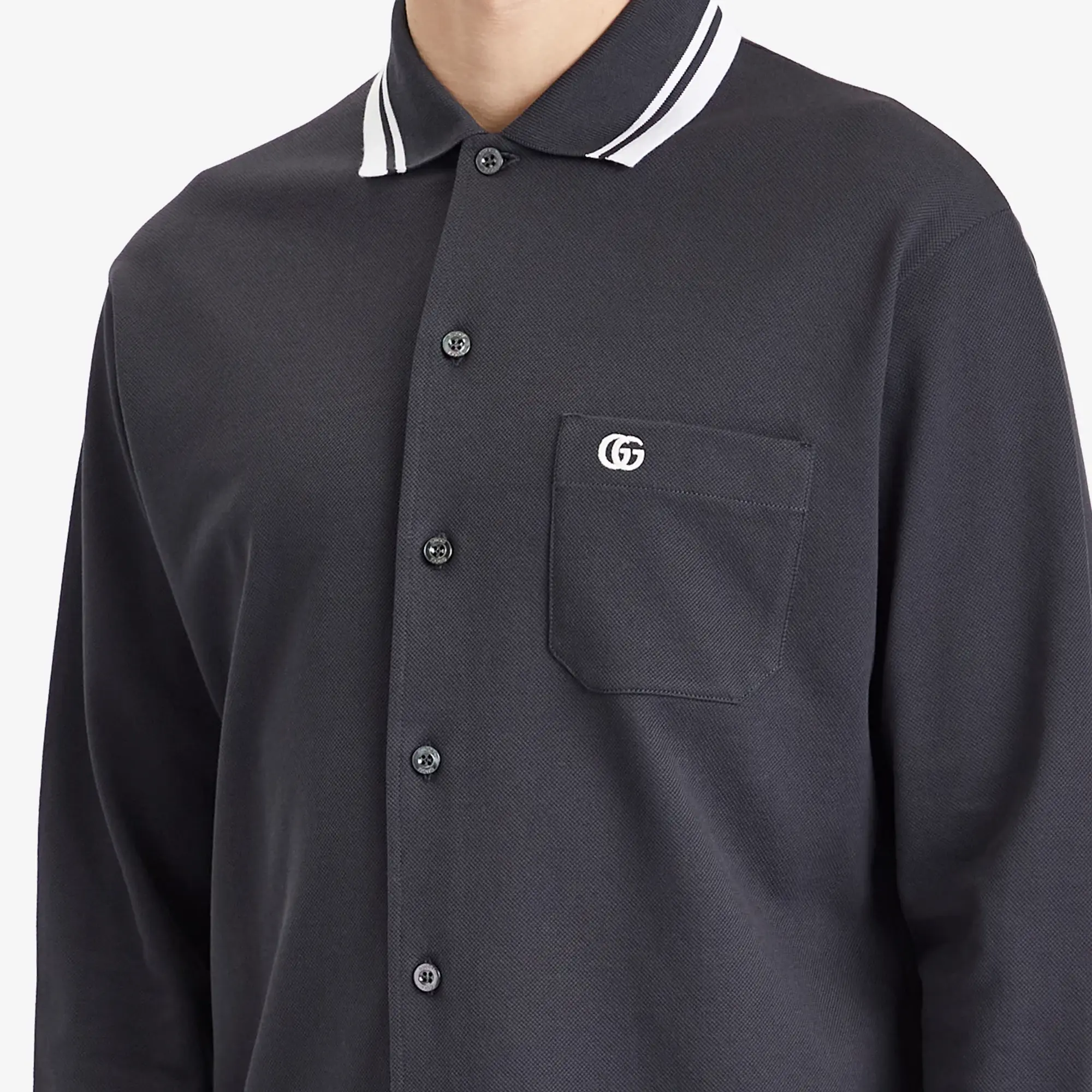 Gucci Men's Stretch Cotton Long Sleeve Polo Shirt Dark Grey
