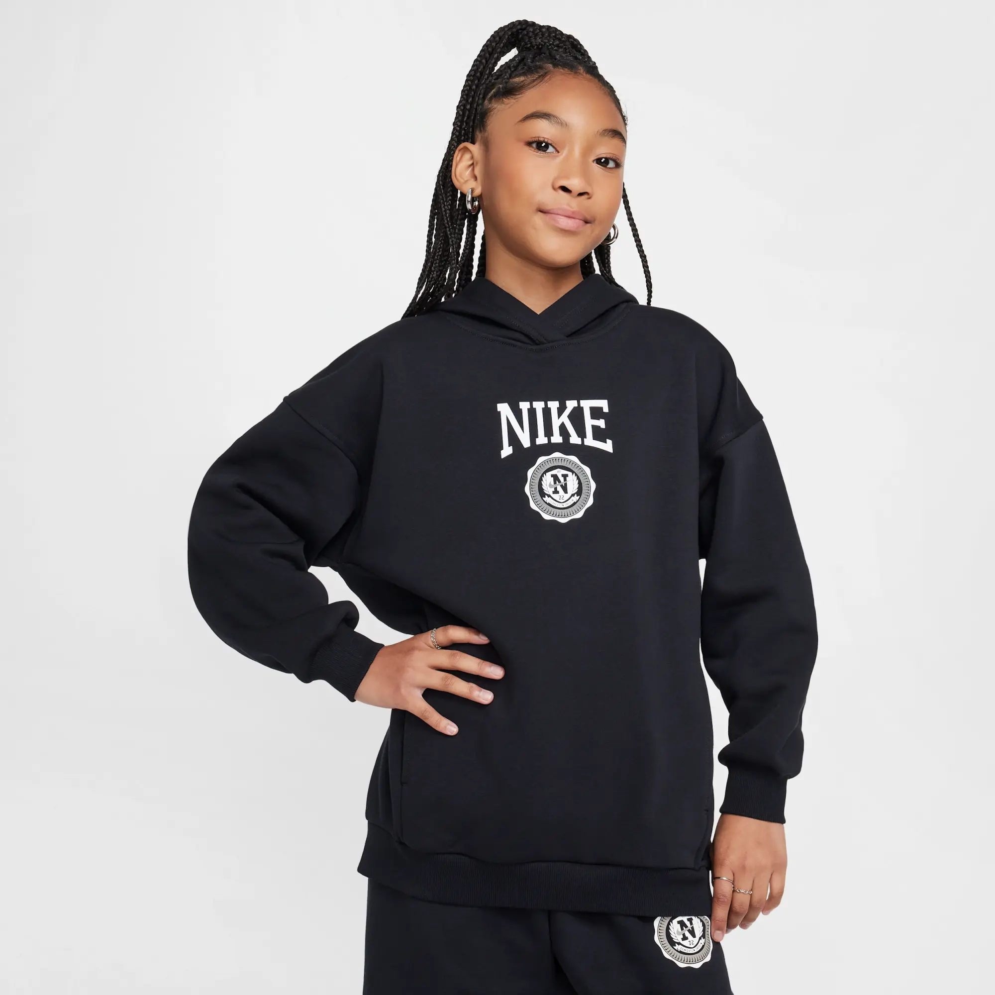 Nike Sportswear Club Fleece Girls' Oversized Pullover Hoodie - Black - Cotton/Polyester