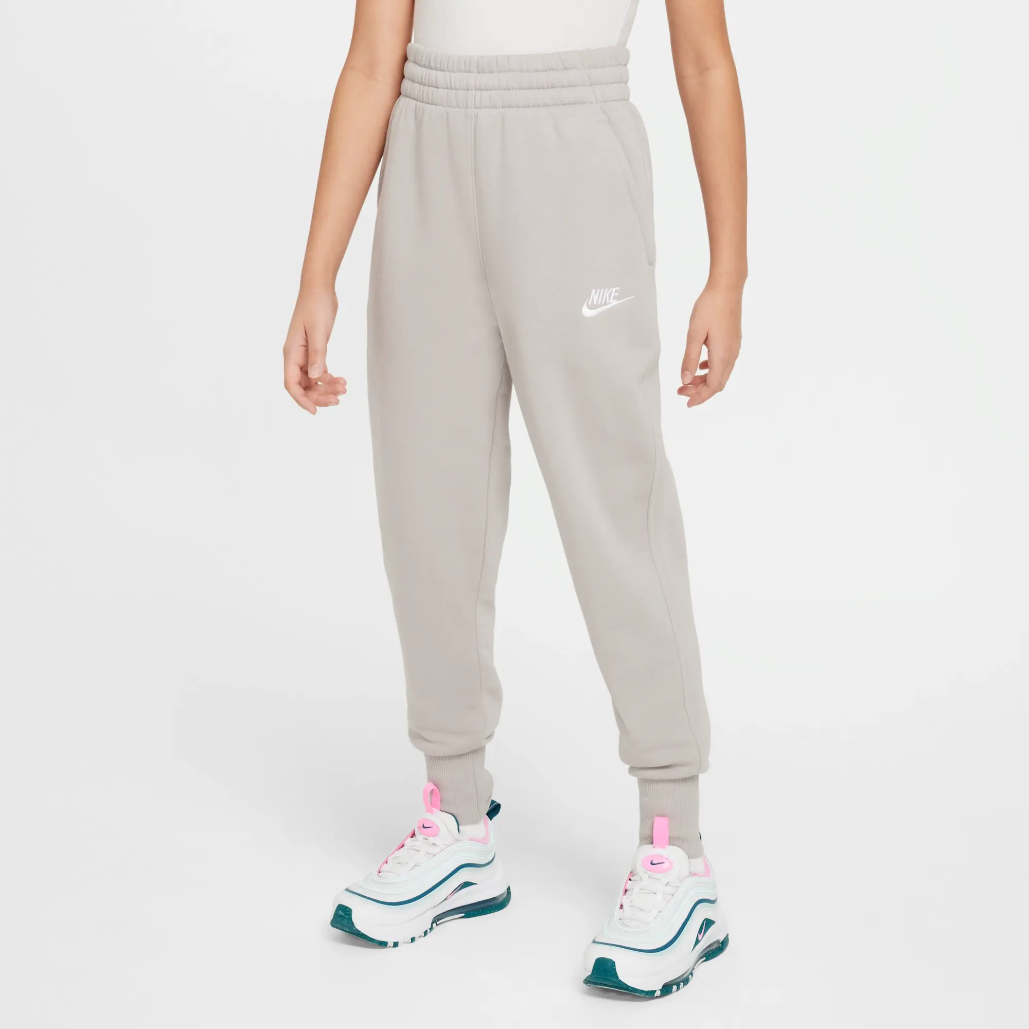 Nike Sportswear Club Fleece Older Kids' (Girls') High-Waisted Fitted Trousers - Grey - Cotton/Polyester