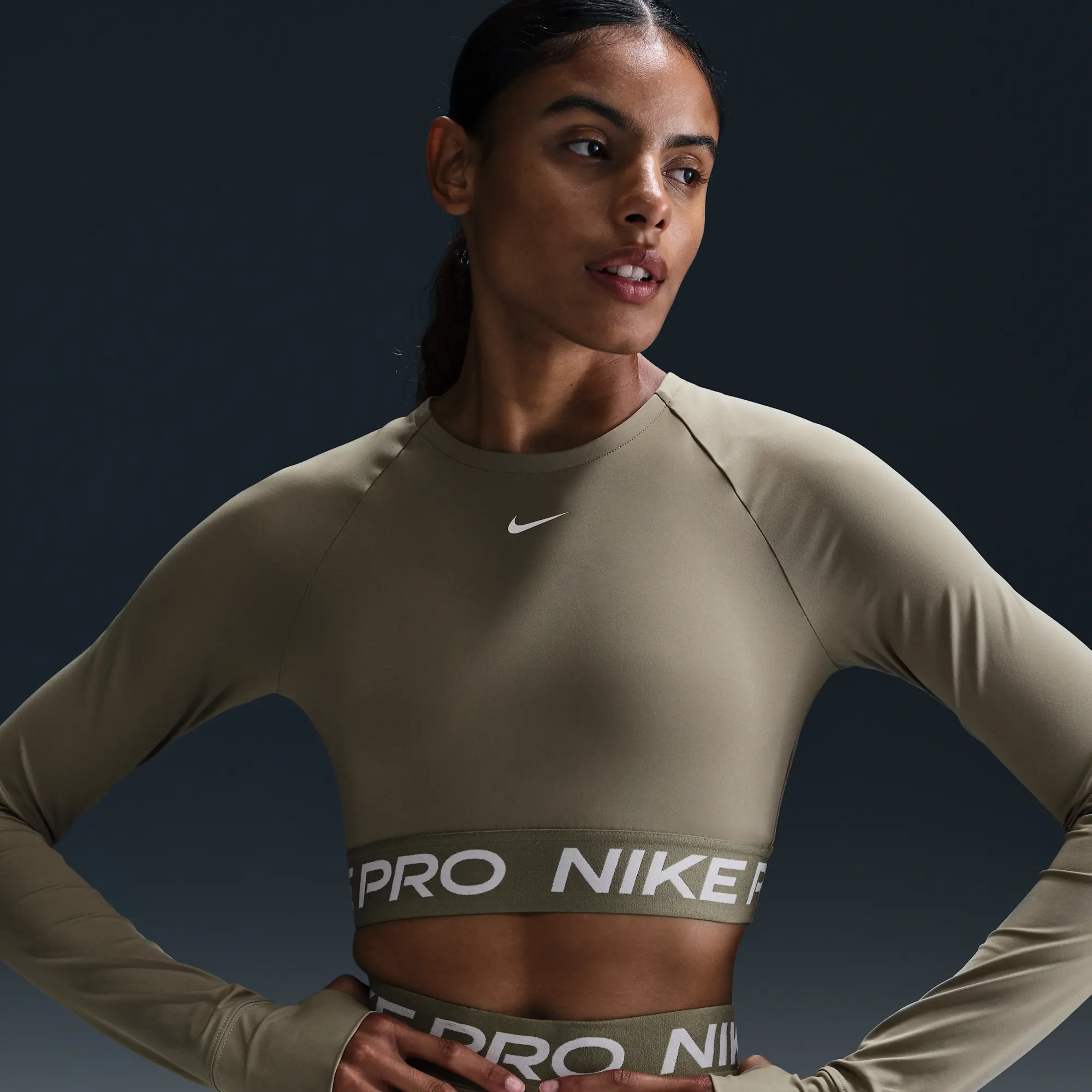 Nike Pro Women's Dri-FIT Cropped Long-Sleeve Top - Green - Polyester/Elastane