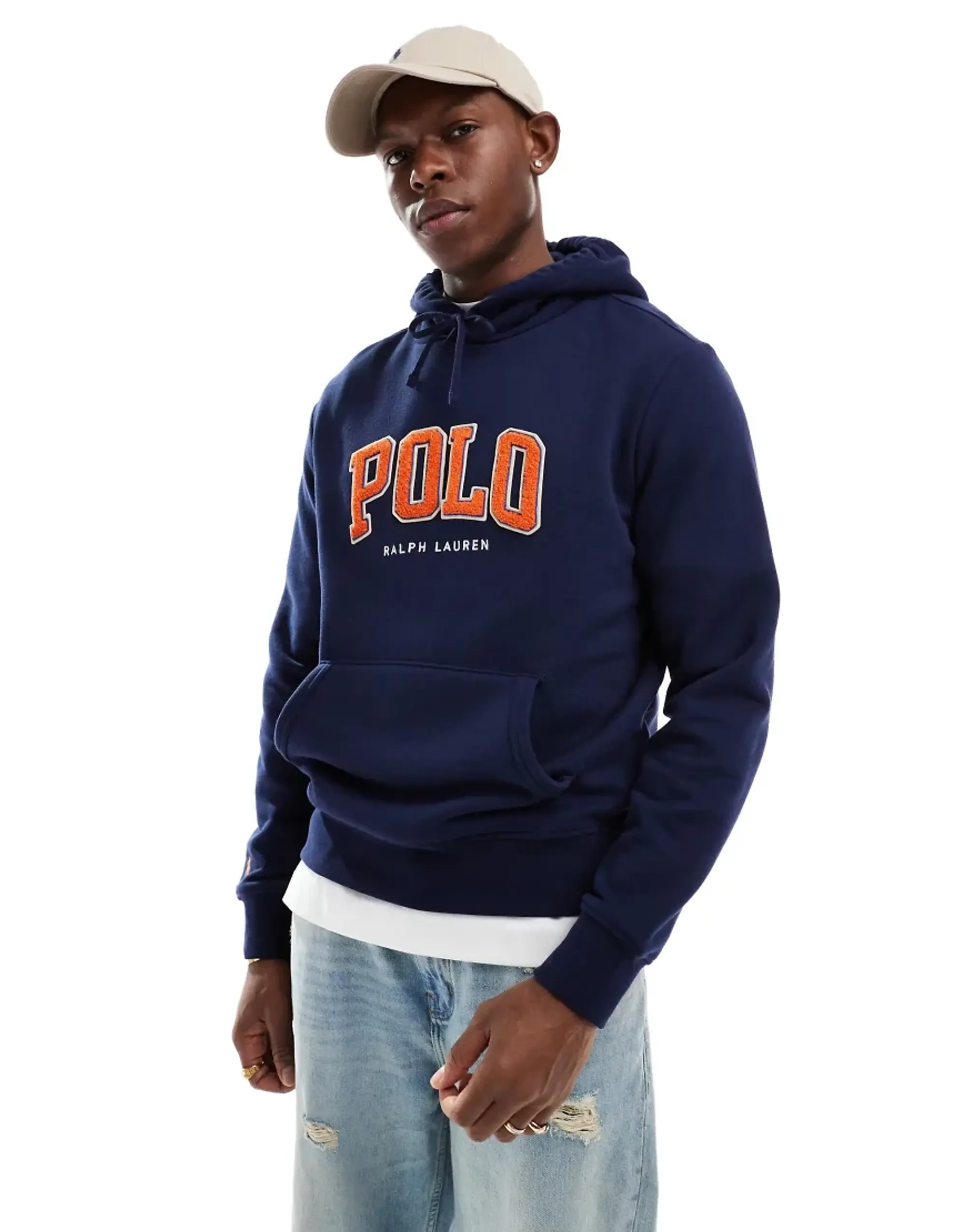 Polo Ralph Lauren Chenile Applique Logo Fleece Hoodie In Navy