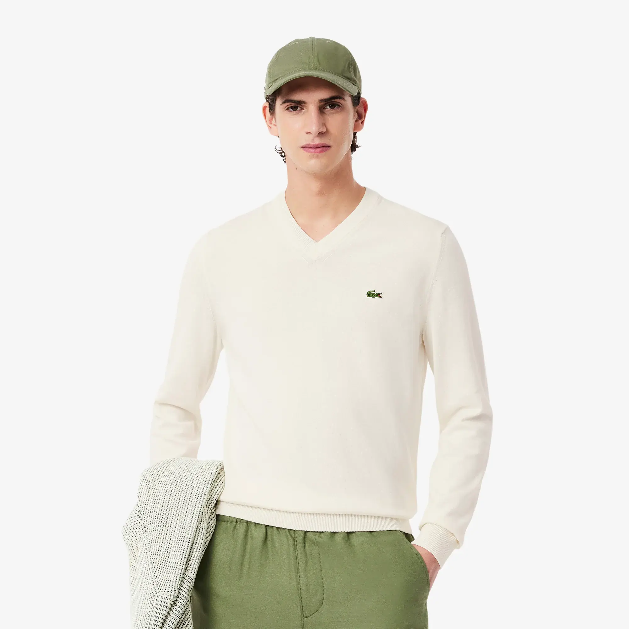 Lacoste Monochrome Cotton V-neck Sweater - White