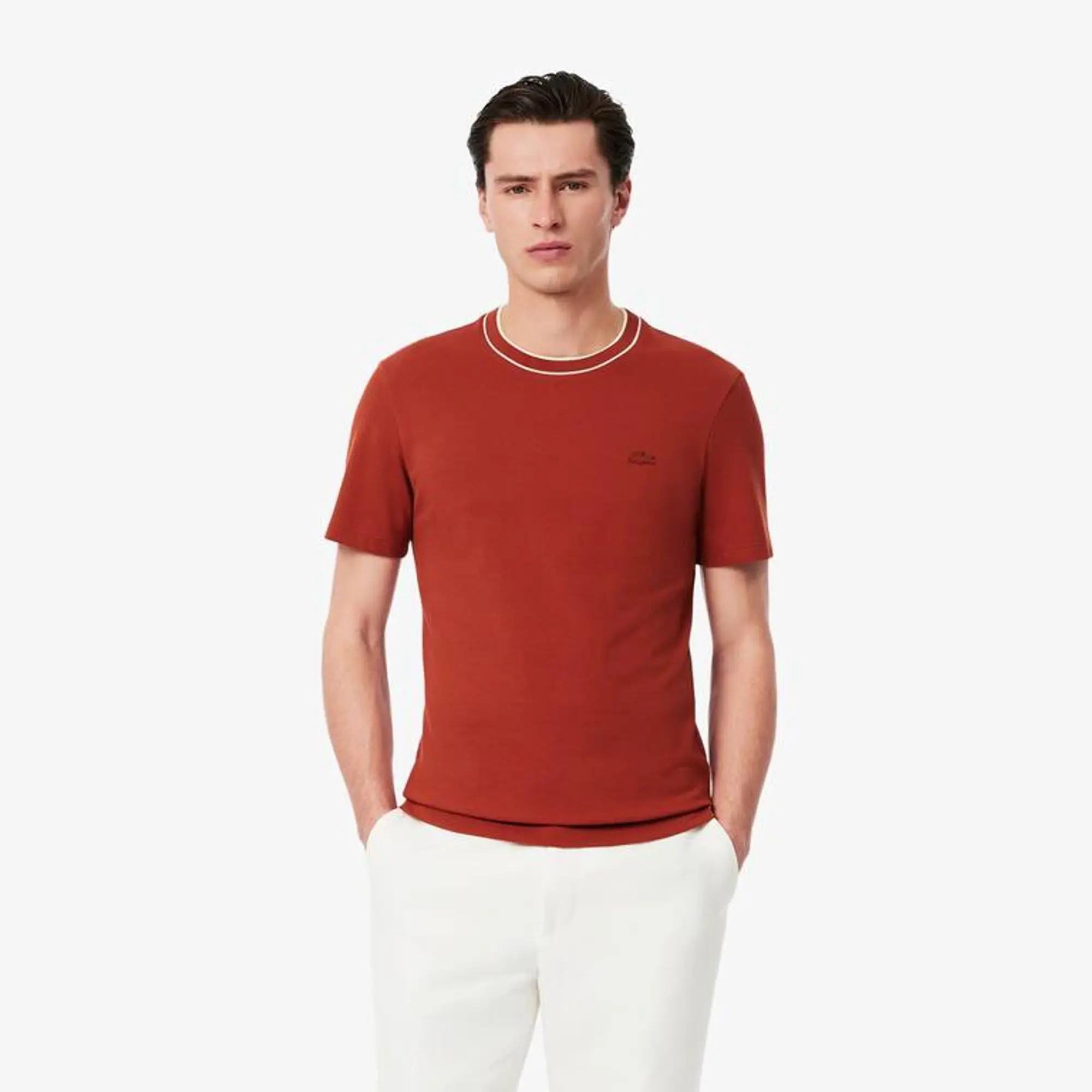 Lacoste Stretch Piqué Stripe Collar T-shirt - Brown