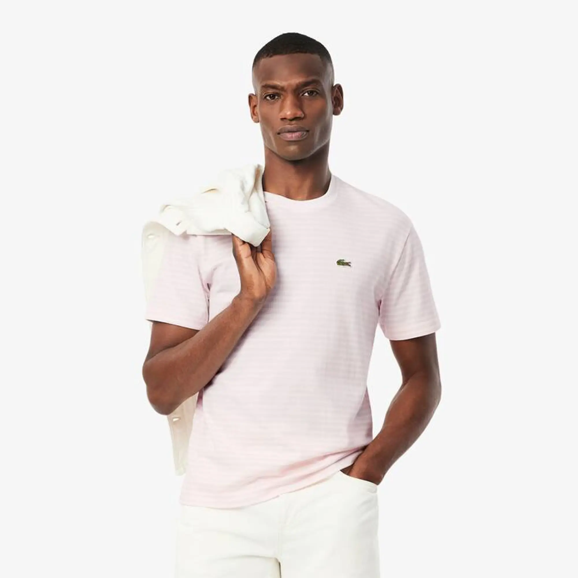 Lacoste Striped Heavy Cotton T-shirt - White / Light Pink