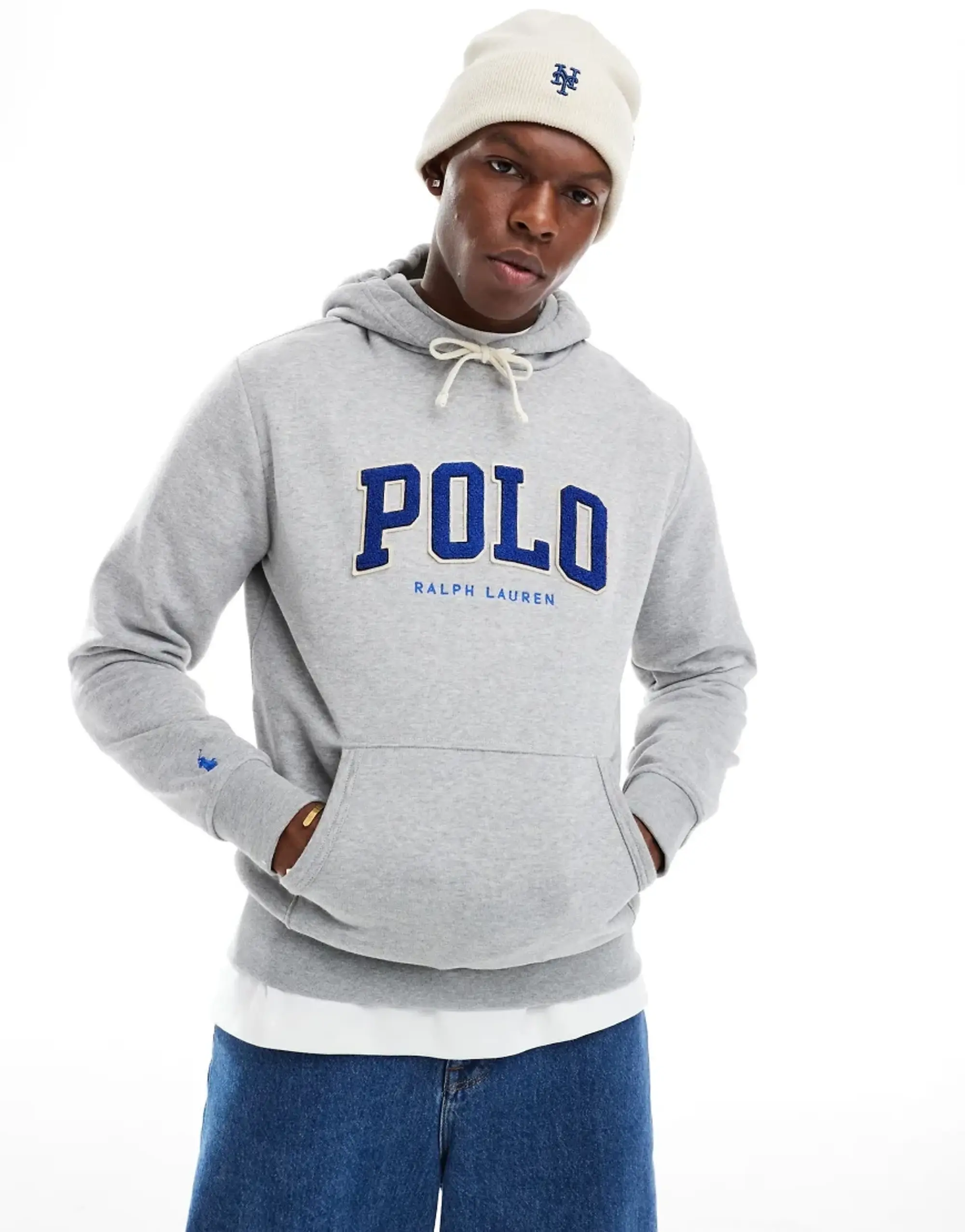 Polo Ralph Lauren Chenile Applique Logo Fleece Hoodie In Grey Marl