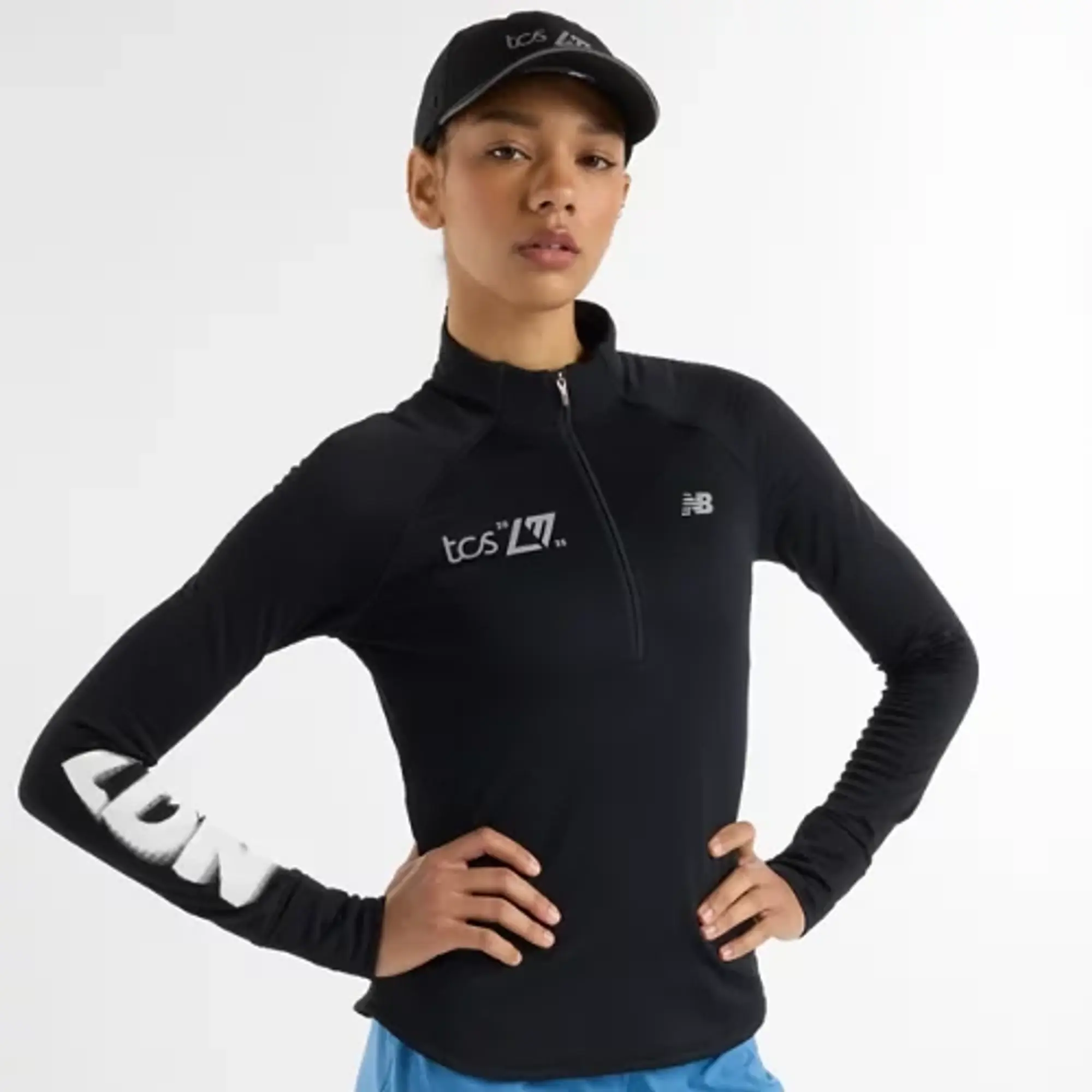 New Balance Women's London Edition Athletics Heat Grid Half Zip in Black Poly Knit