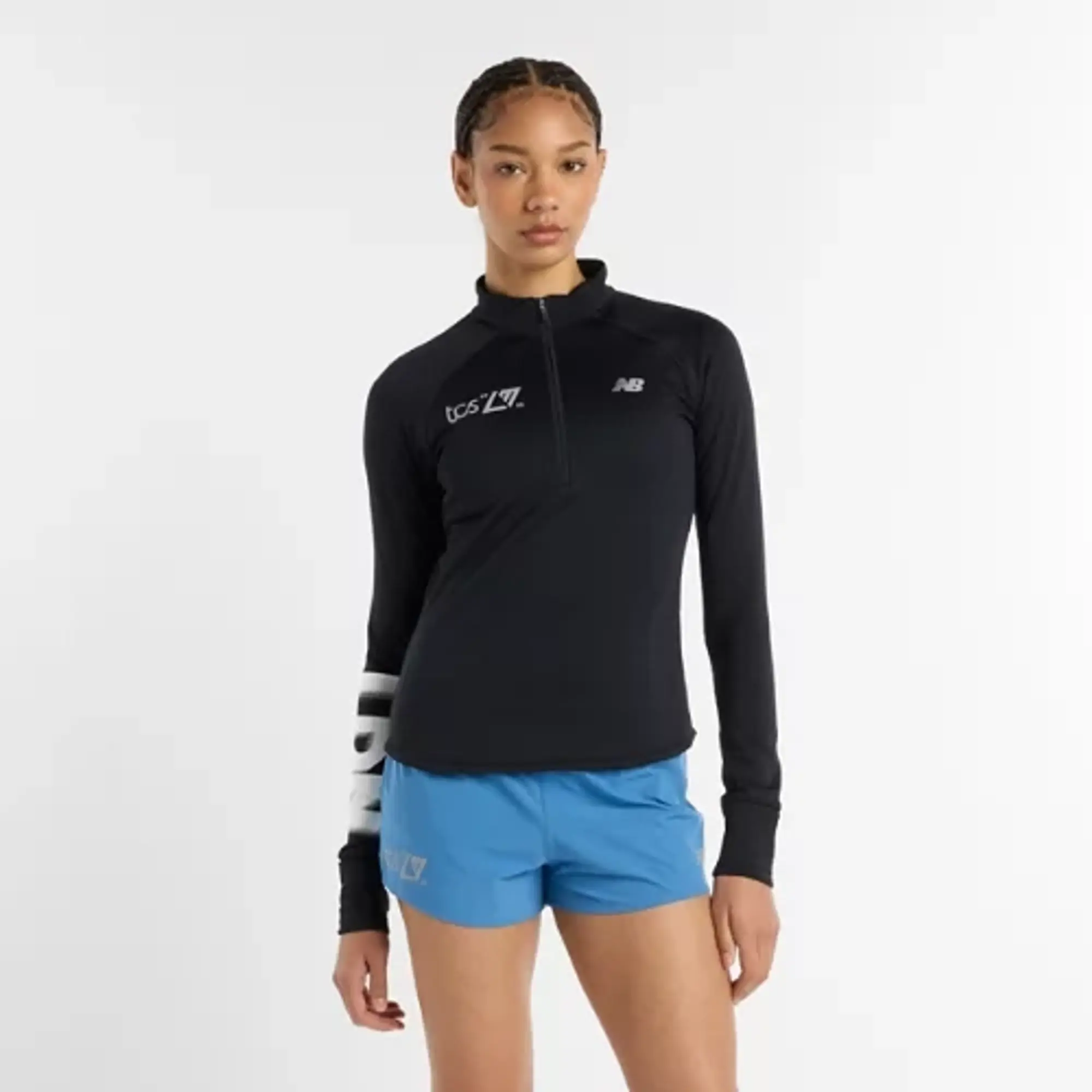 New Balance Women's London Edition Athletics Heat Grid Half Zip in Black Poly Knit