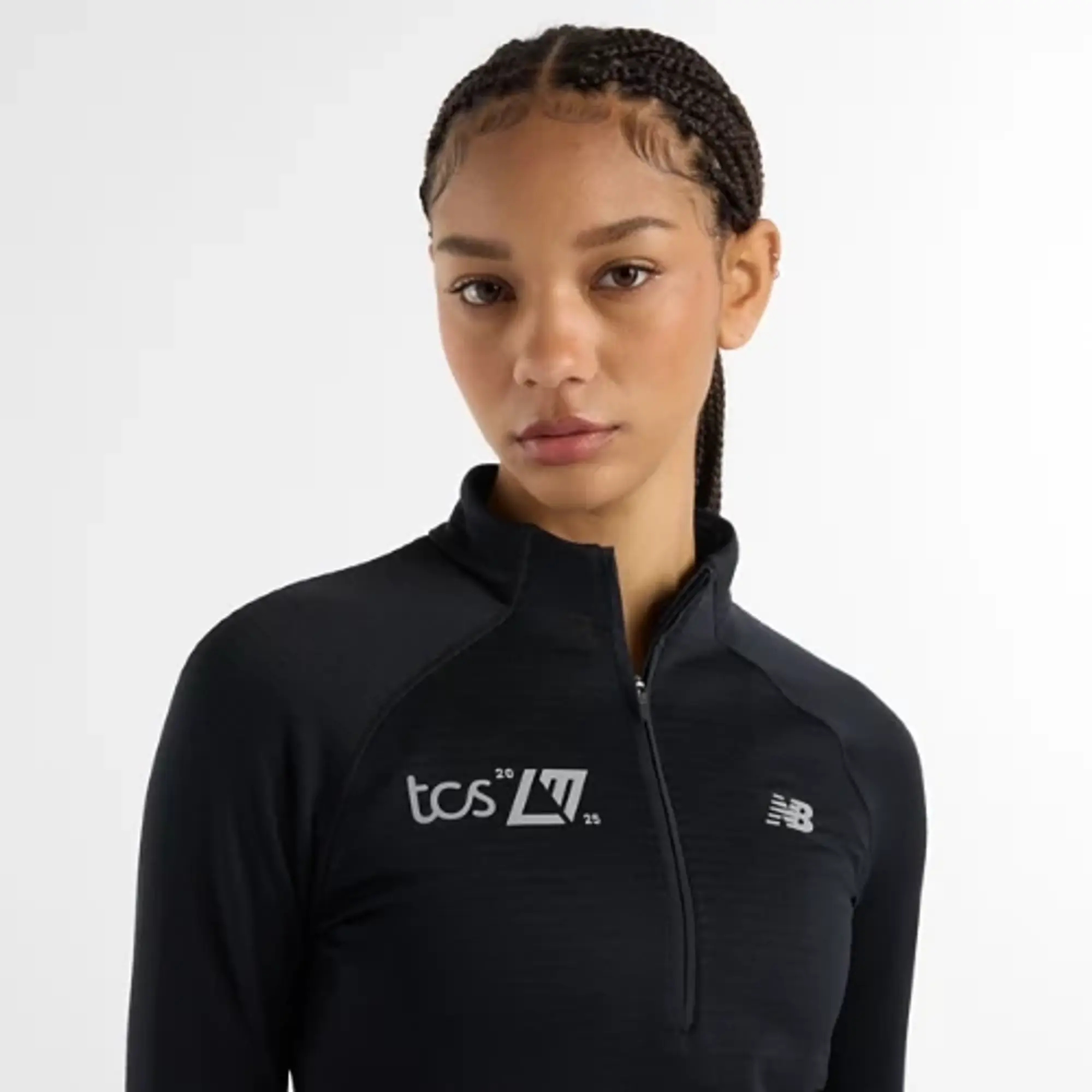 New Balance Women's London Edition Athletics Heat Grid Half Zip in Black Poly Knit