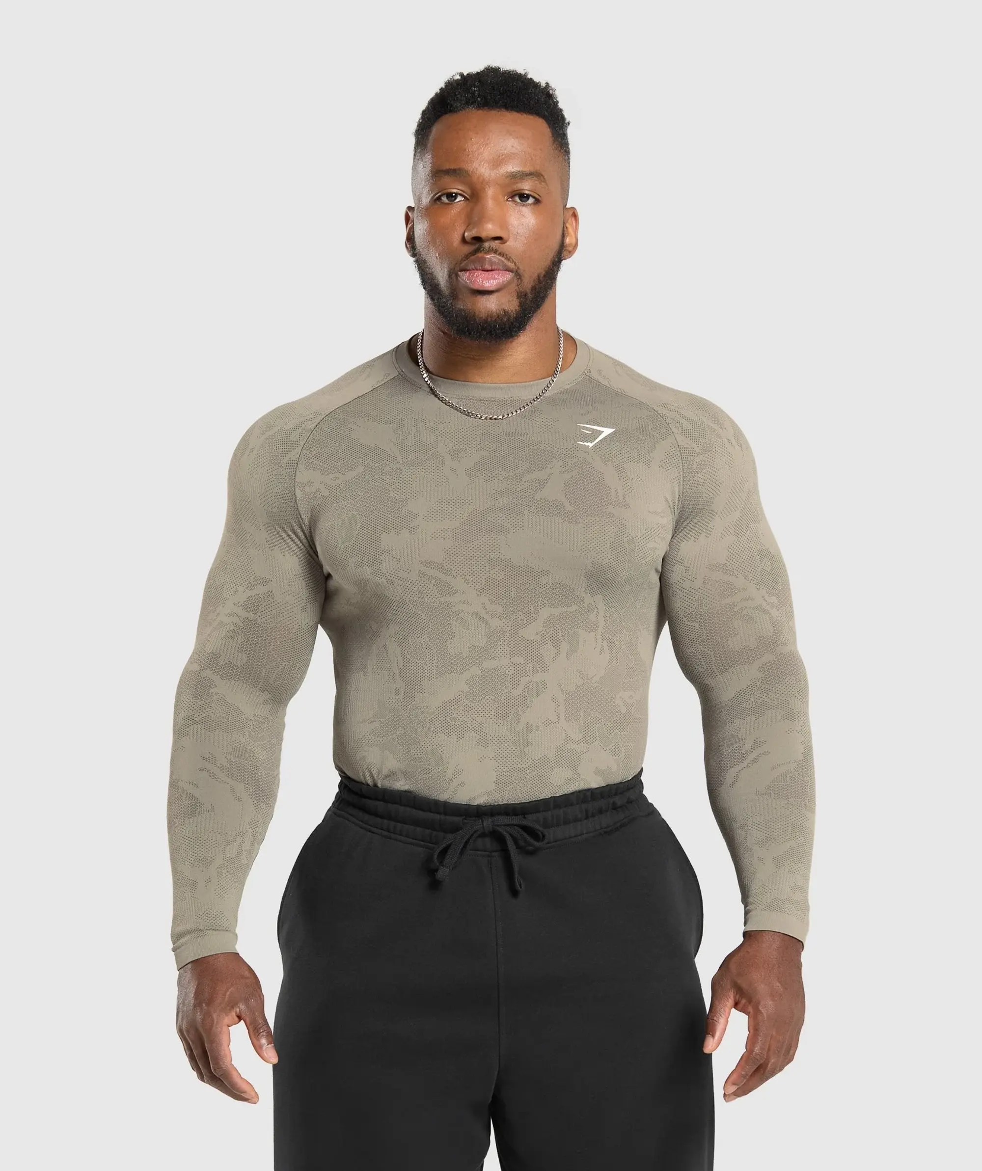 Gymshark Geo Seamless Long Sleeve T-Shirt - Linen Brown/Camo Brown