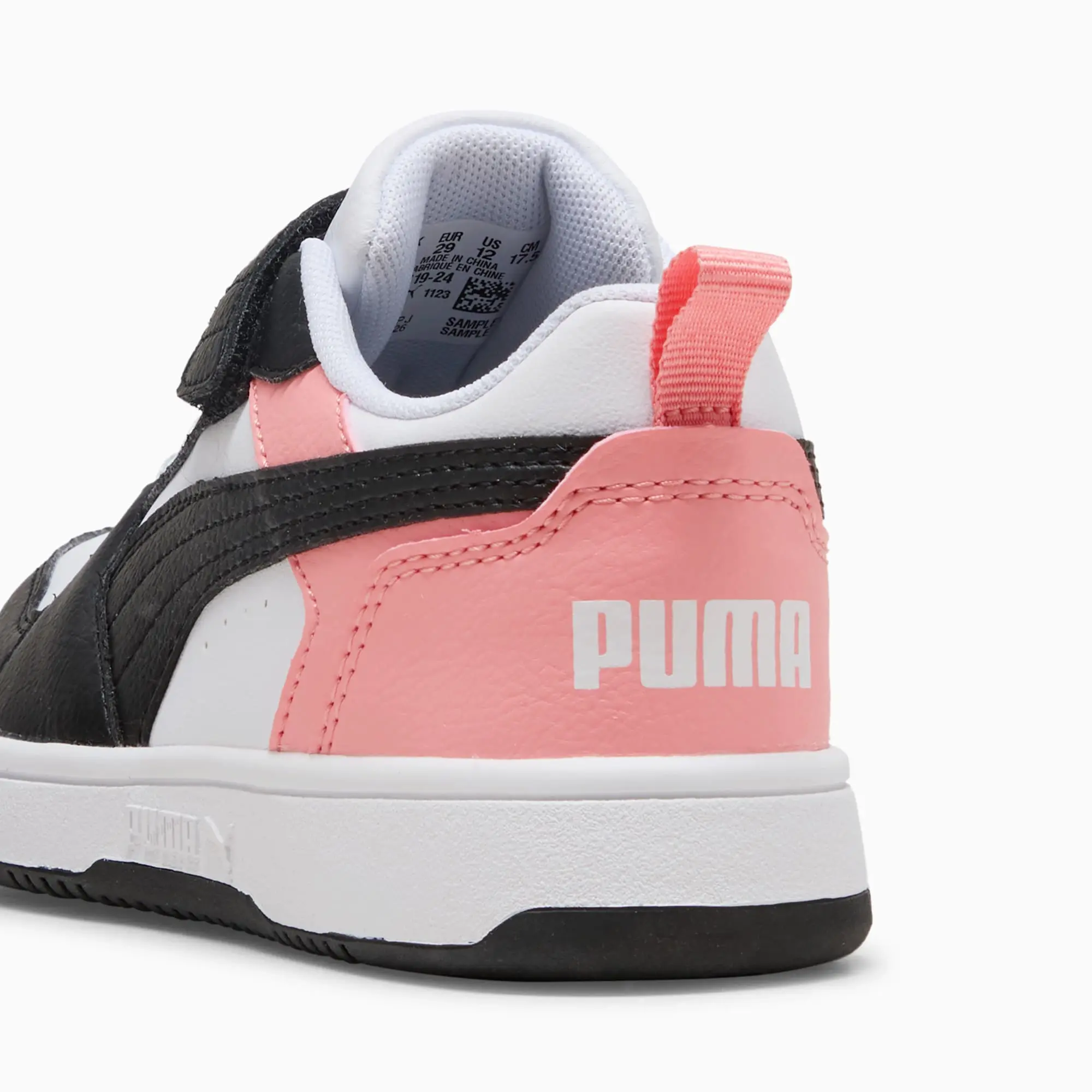 PUMA Rebound V6 Lo Kids' Sneakers, White/Black/Pink Fruit