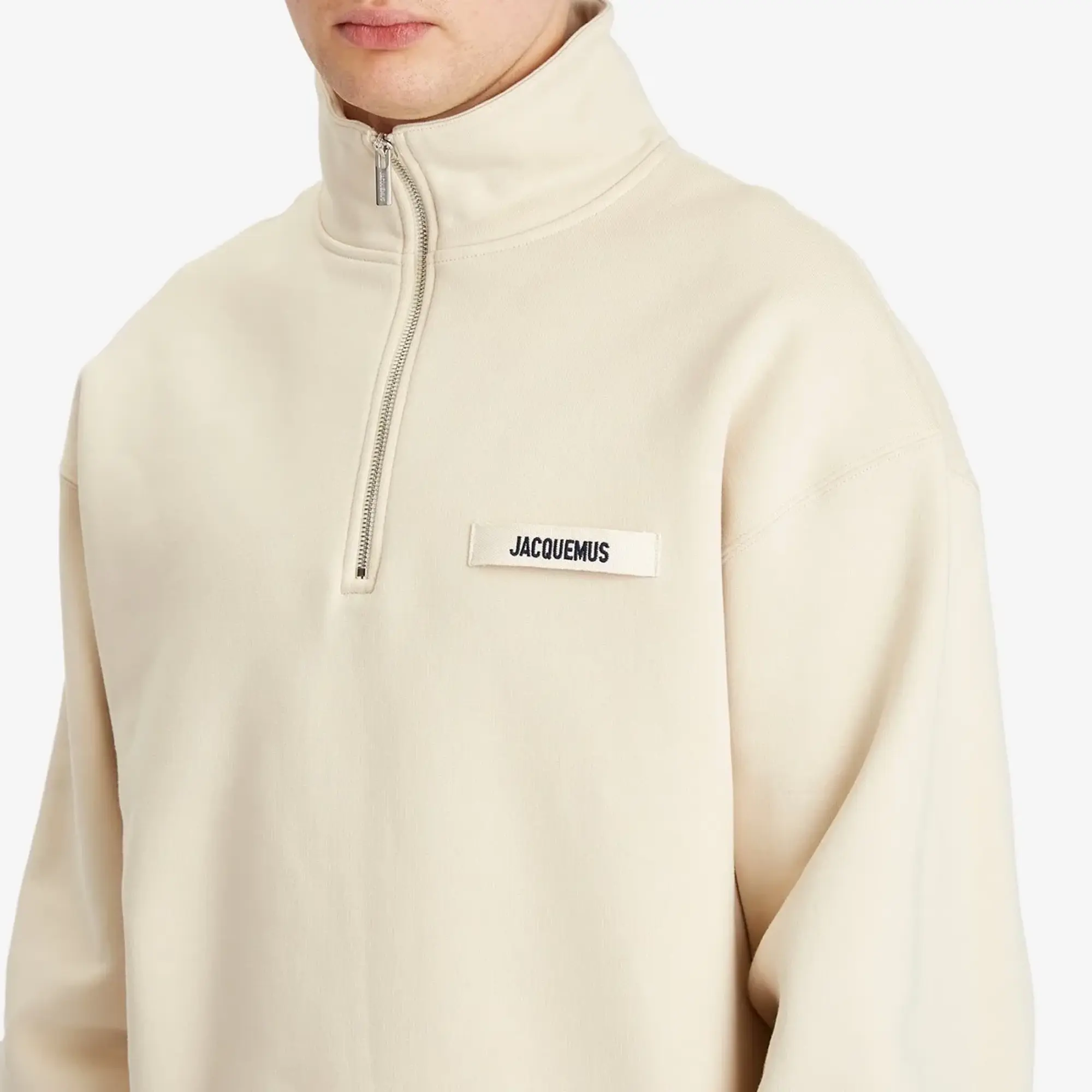 Jacquemus Men's Grosgrain Patch Logo Half Zip Sweatshirt Beige 2