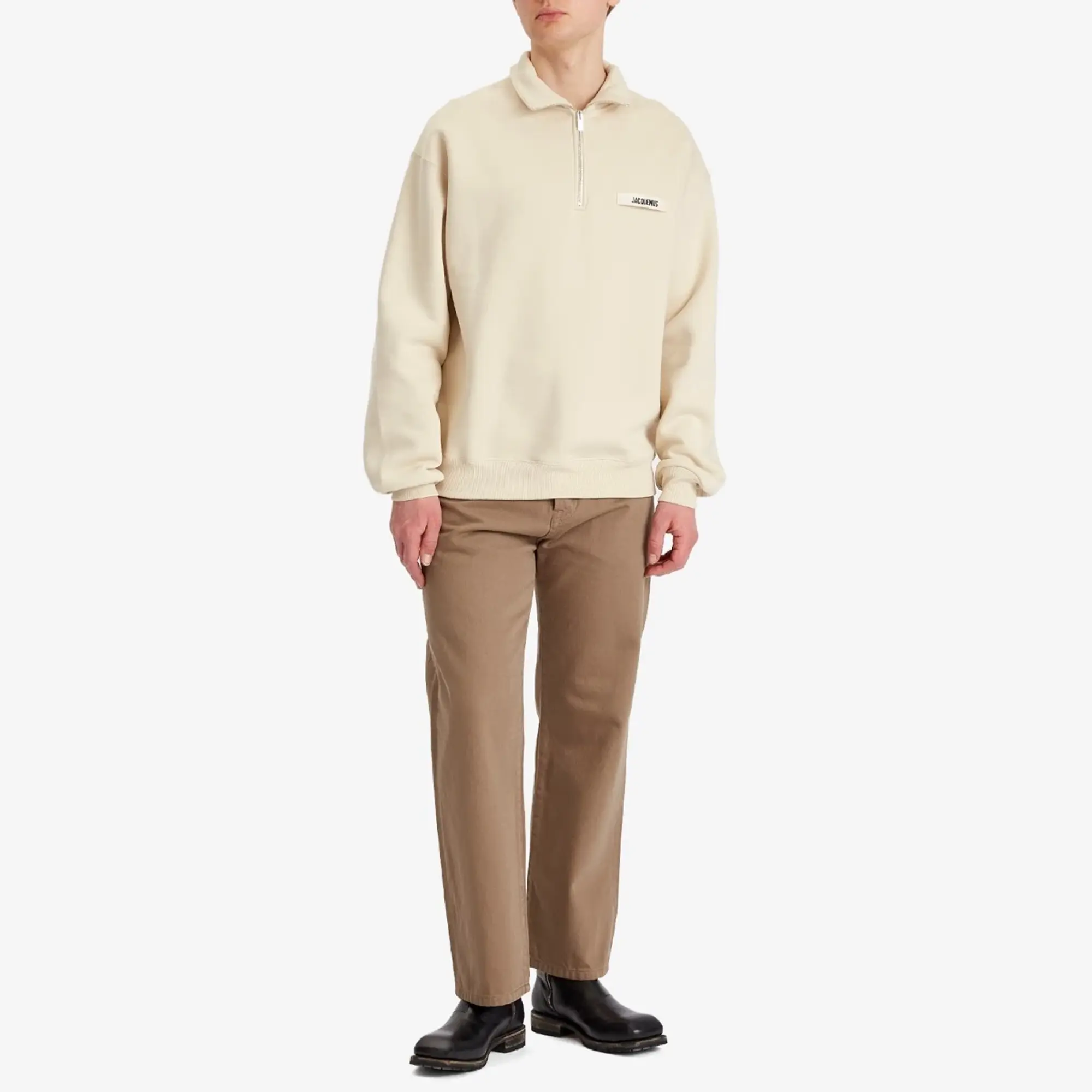 Jacquemus Men's Grosgrain Patch Logo Half Zip Sweatshirt Beige 2