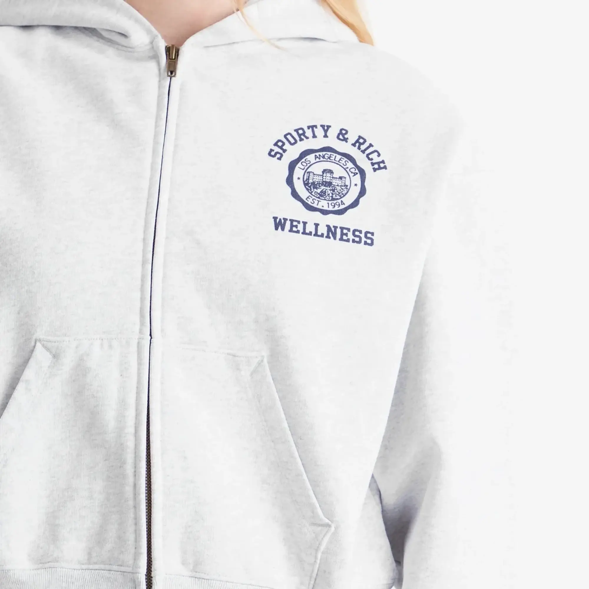 Sporty & Rich Women's Emblem Cropped Zipped Hoodie Heather Gray Navy