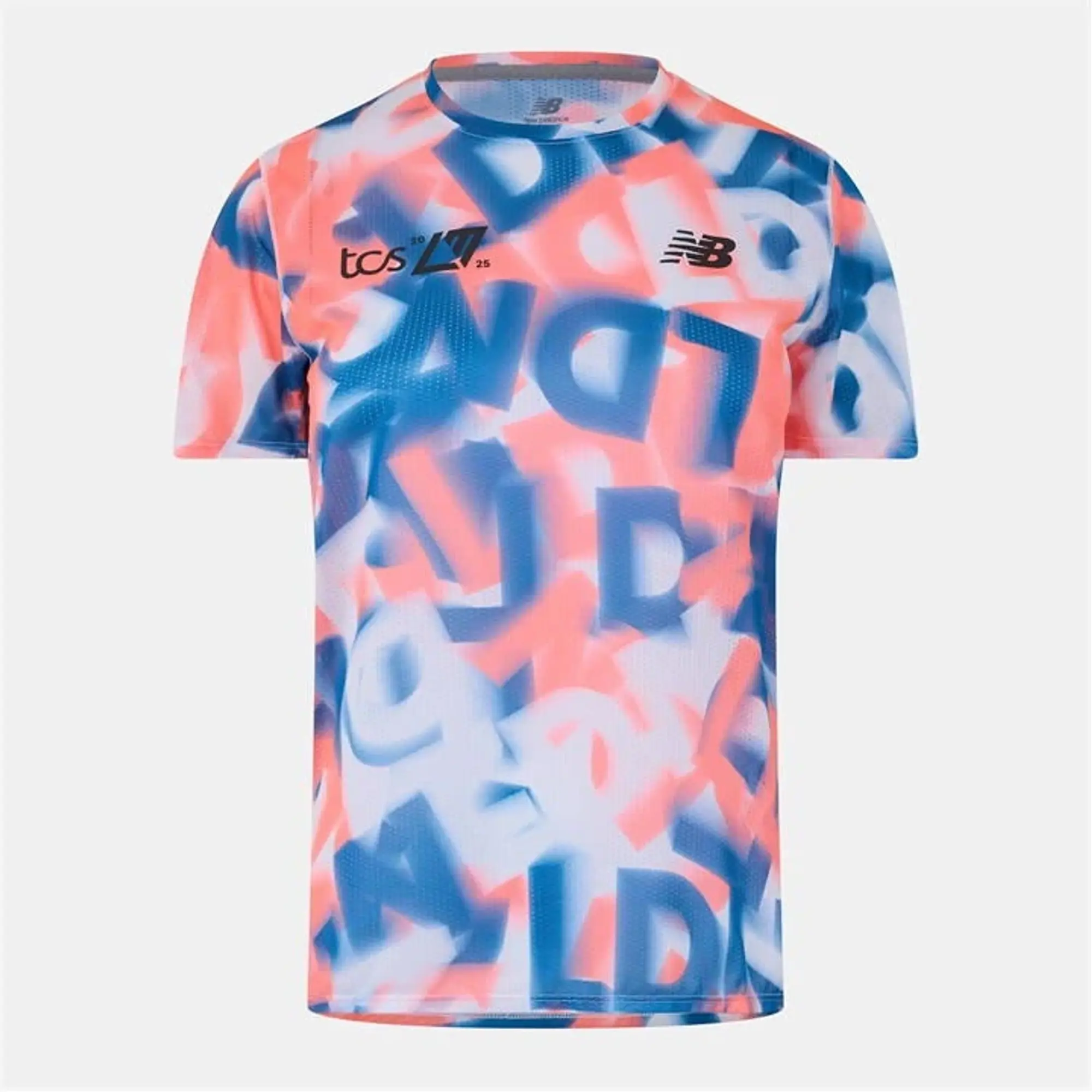 New Balance Women's London Edition Printed Athletics T-Shirt in Blue/Pink Poly Knit
