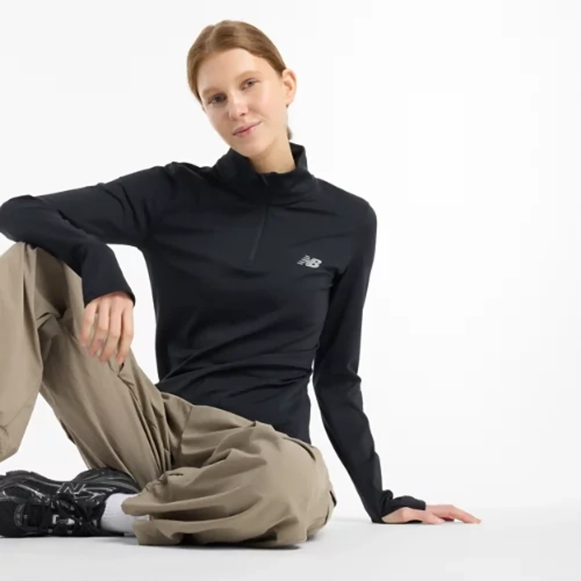 New Balance Women's Script Quarter Zip in Black Polywoven