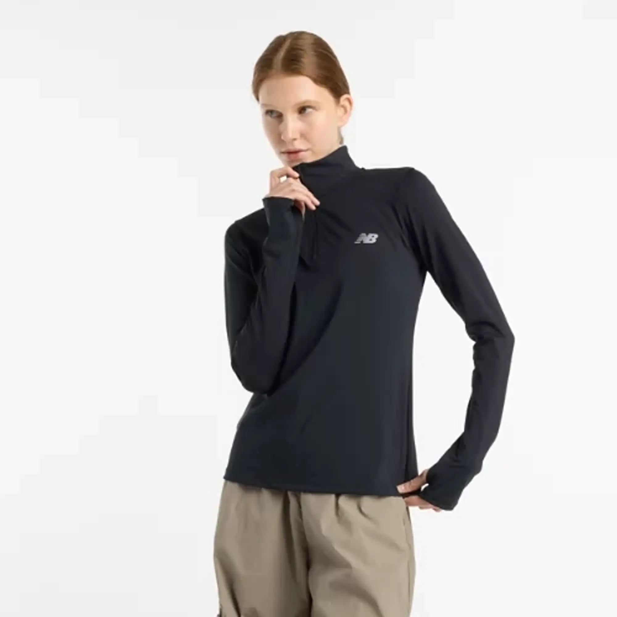 New Balance Women's Script Quarter Zip in Black Polywoven