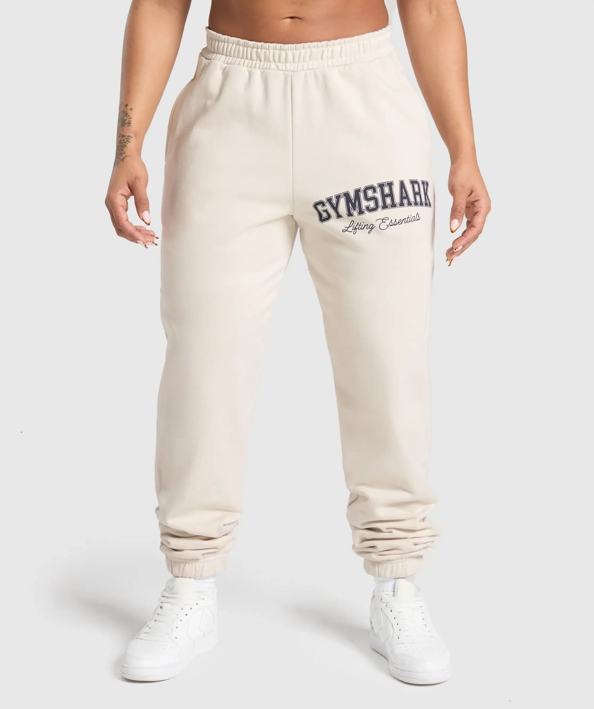 Gymshark Lifting Essentials Graphic Brushed Oversized Joggers - Oat White