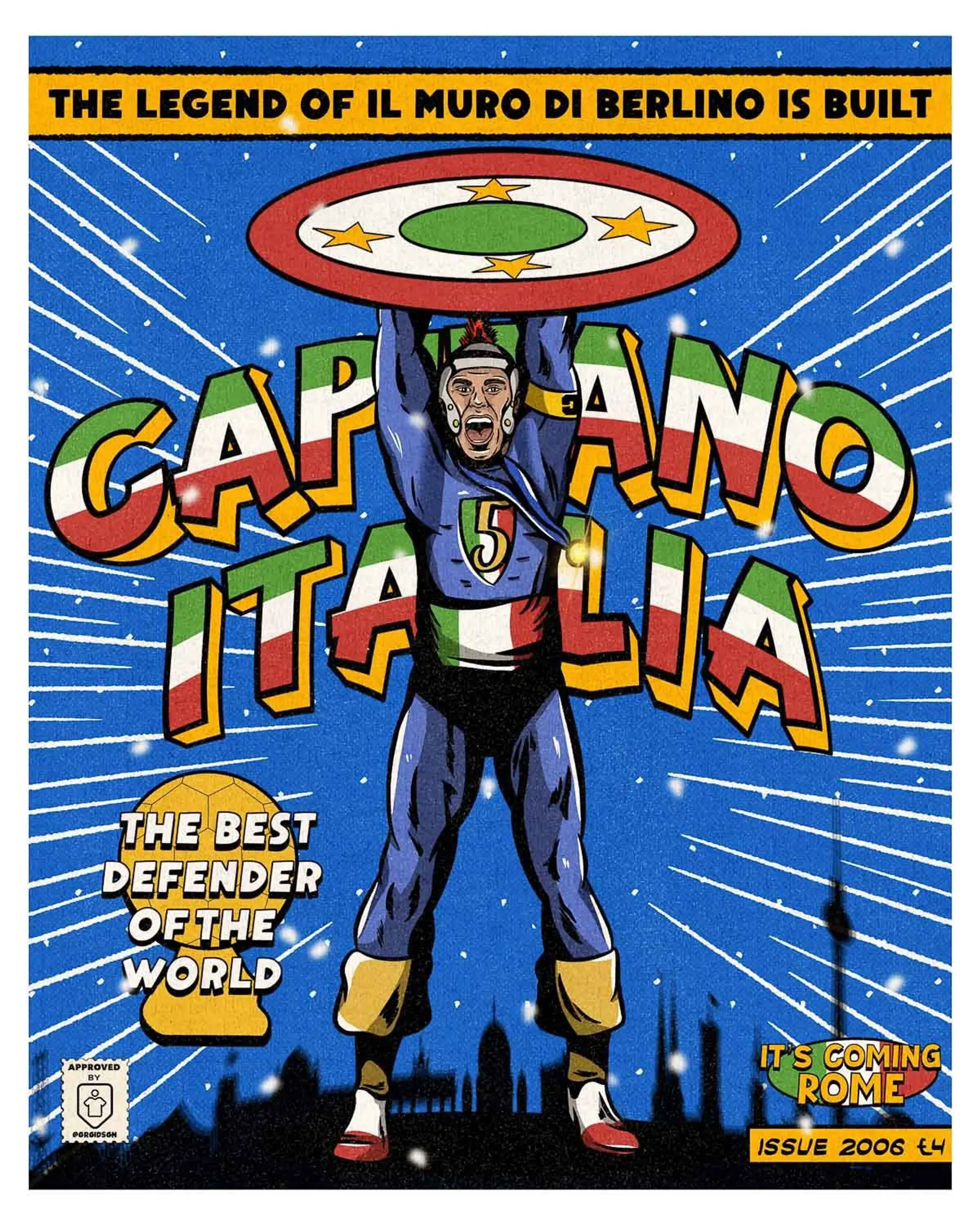 Classic Football Shirts 2006 Fabio Cannavaro 'Capitano Italia' Comic Book Superheroes A3 Print/Poster