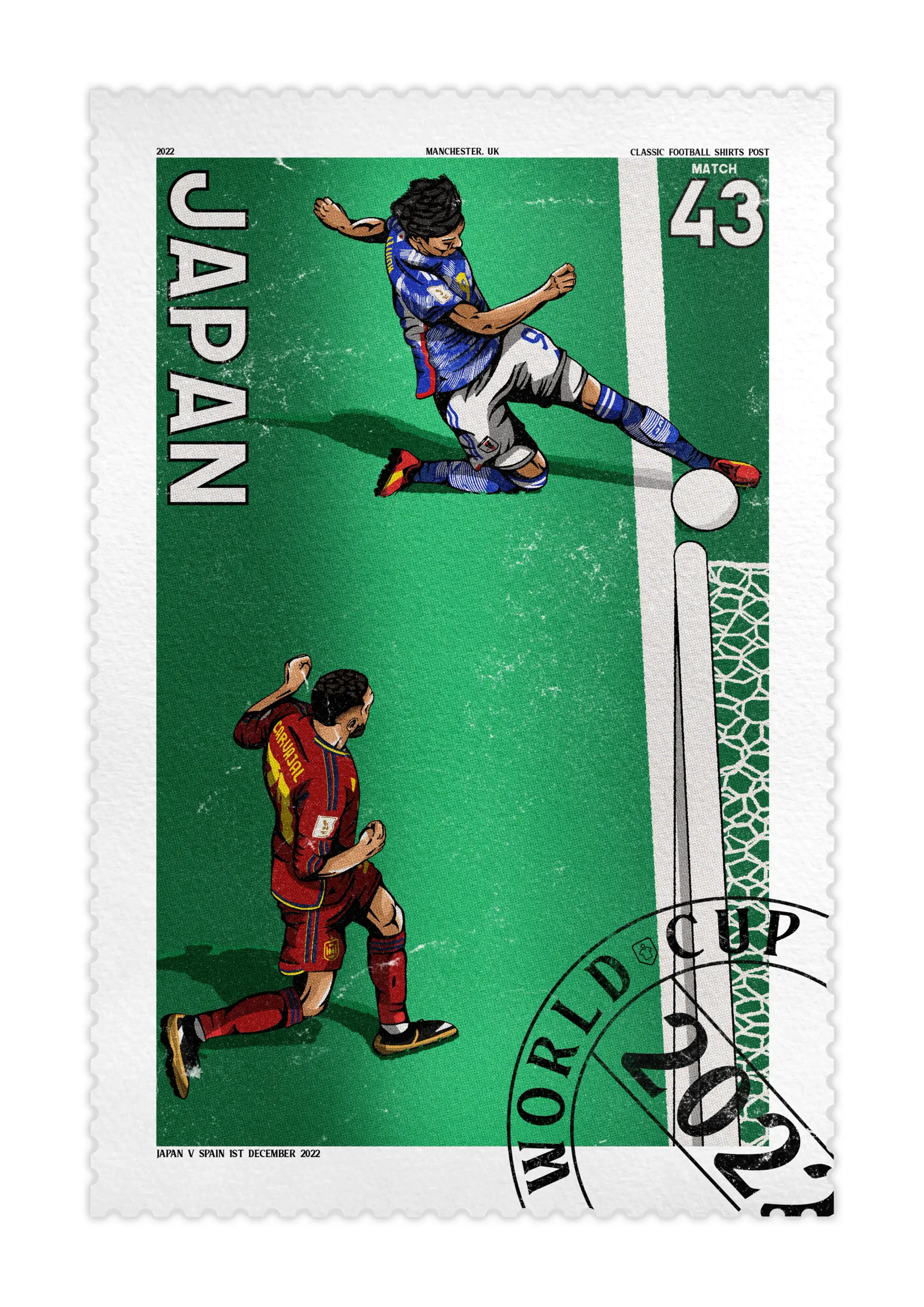 Classic Football Shirts Japan V Spain Close Call 2022 World Cup Stamp A3 Print/Poster