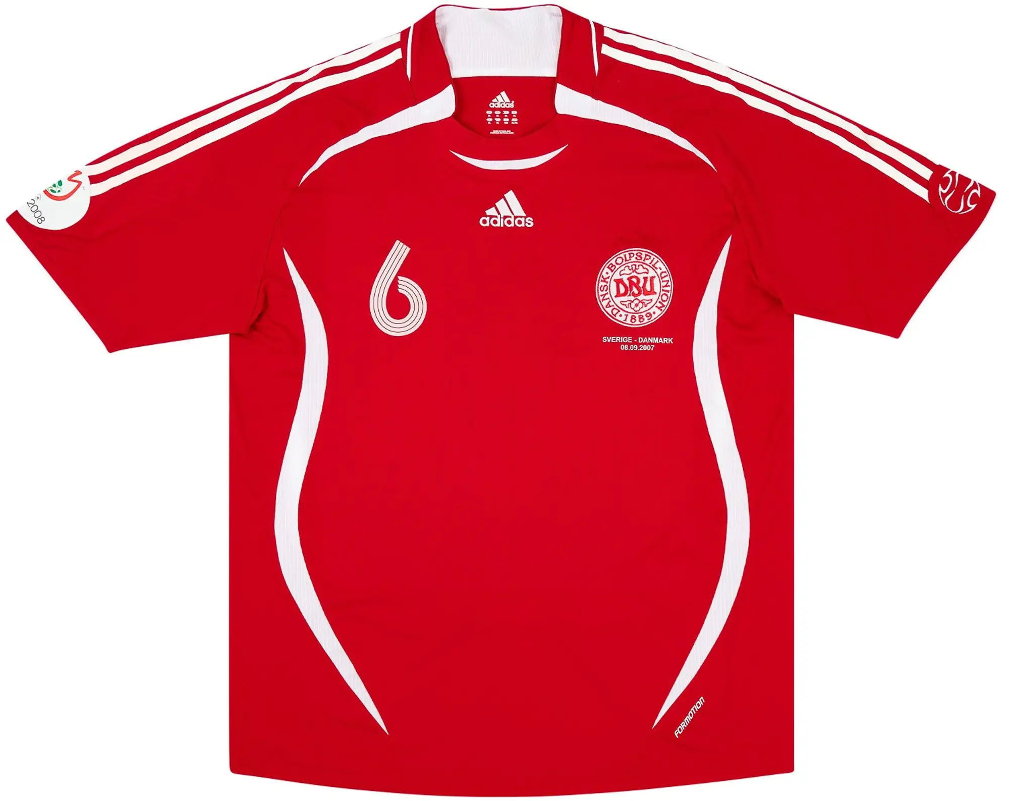 adidas 2007 Denmark Match Worn Home Shirt #6 (Helveg) v Sweden