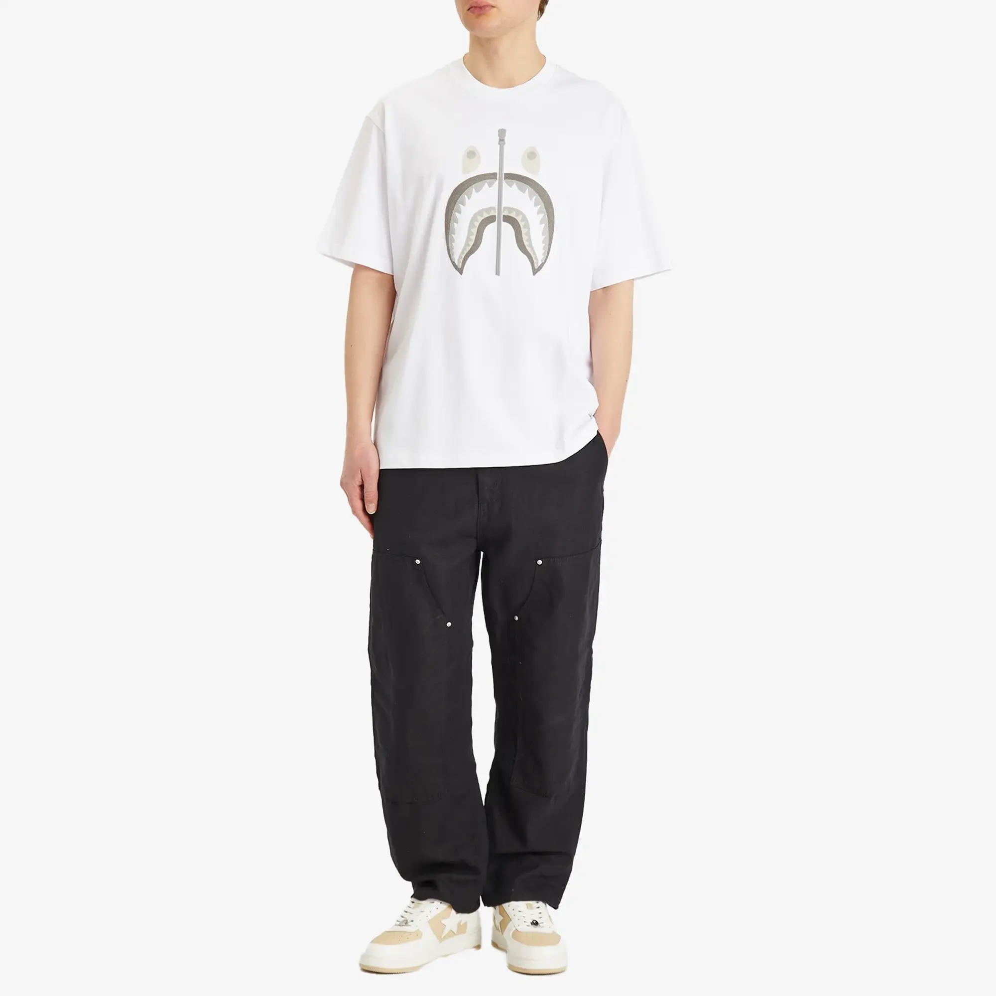 A Bathing Ape Men's Chain Stitch Shark Relaxed Fit Tee White