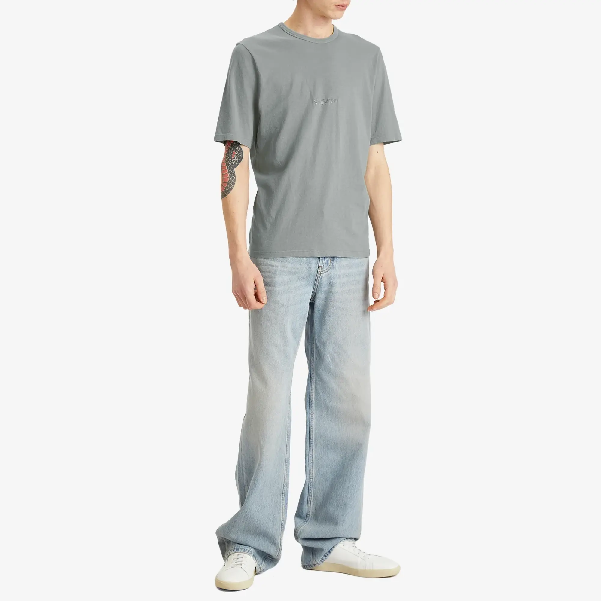 Saint Laurent Men's Tonal Logo T-Shirt Gris Vert Blanchi