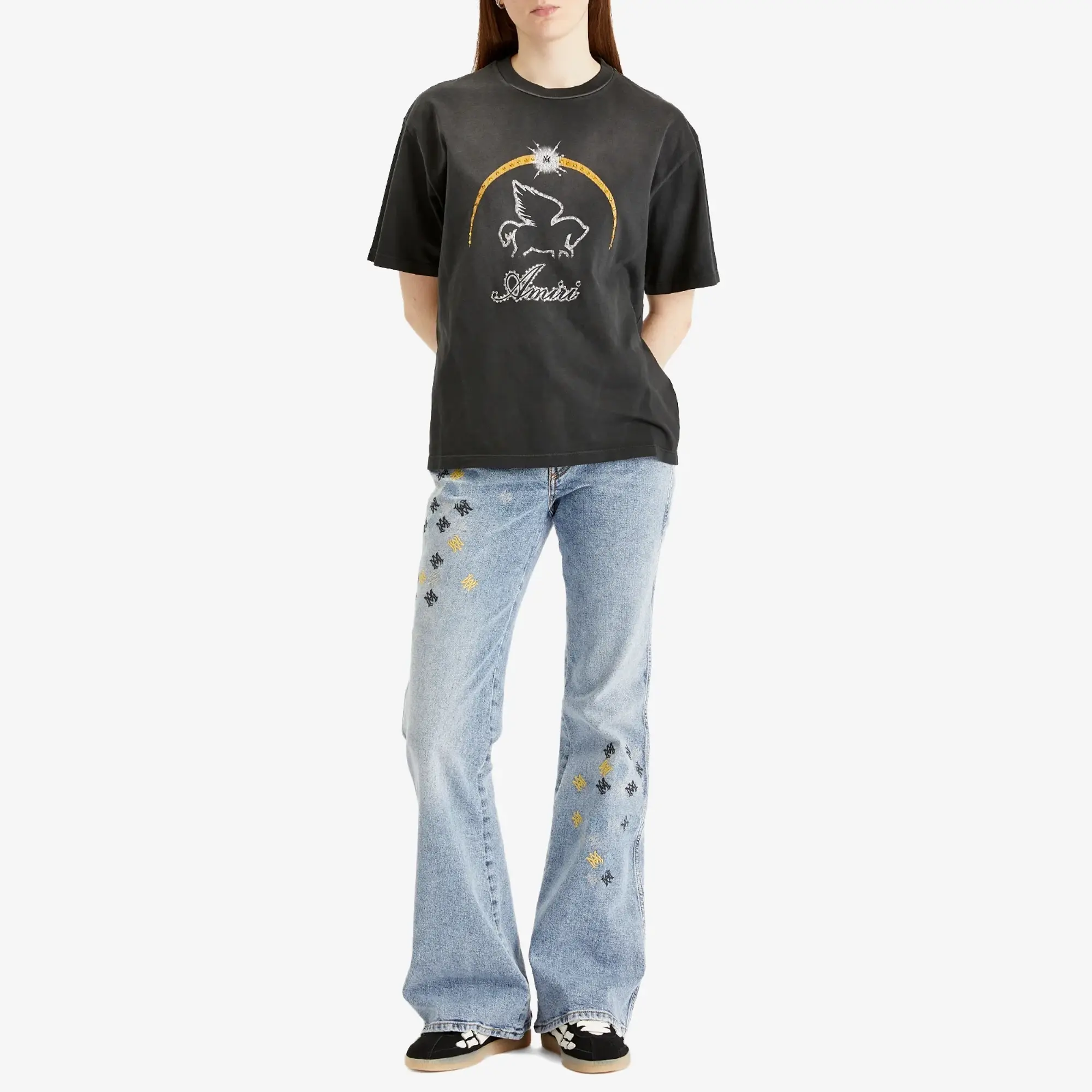 AMIRI Women's Quad Embroidered Slit Flare Trousers Stone Indigo