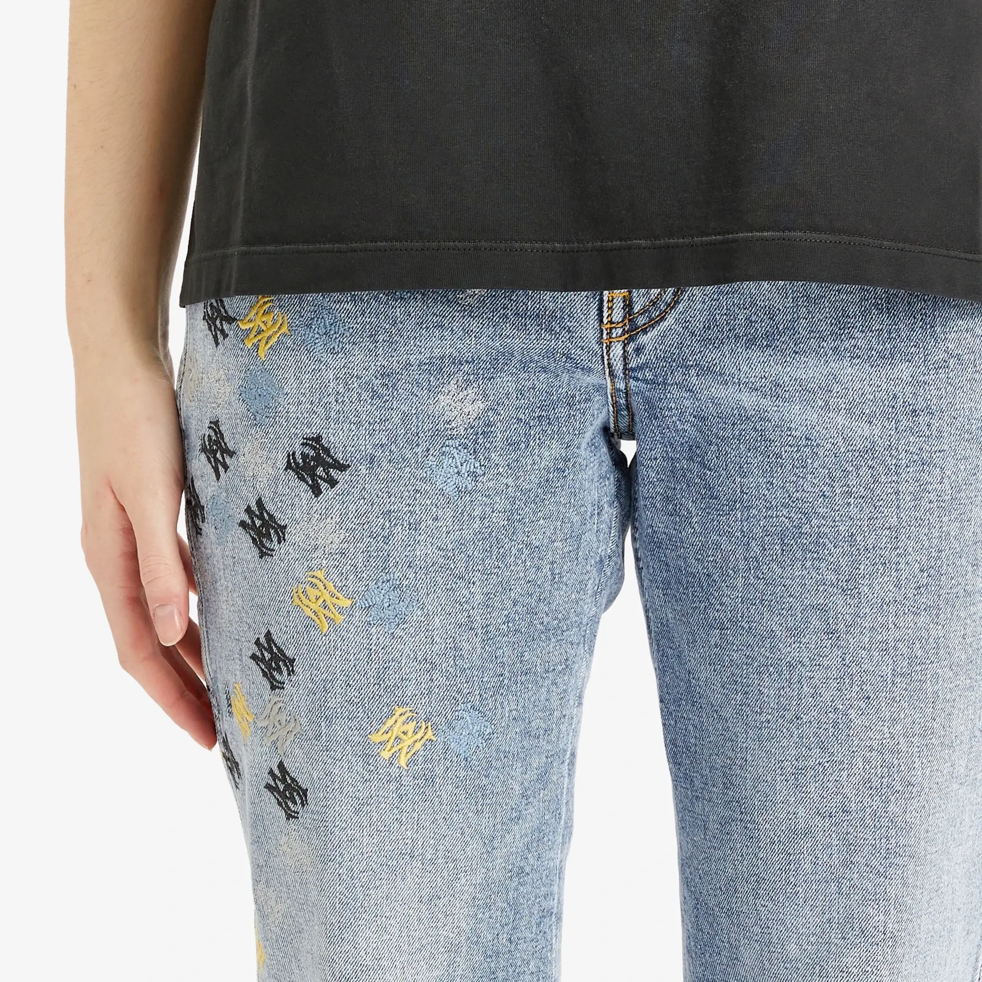 AMIRI Women's Quad Embroidered Slit Flare Trousers Stone Indigo