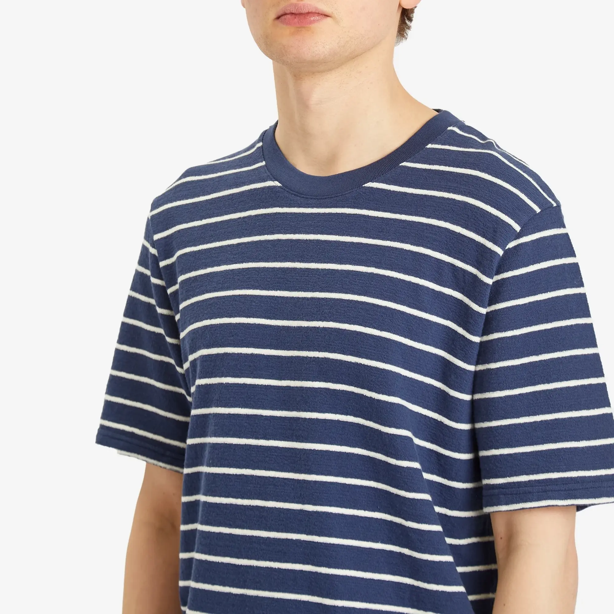 Folk Men's Textured Stripe T-Shirt Soft Navy/Ecru