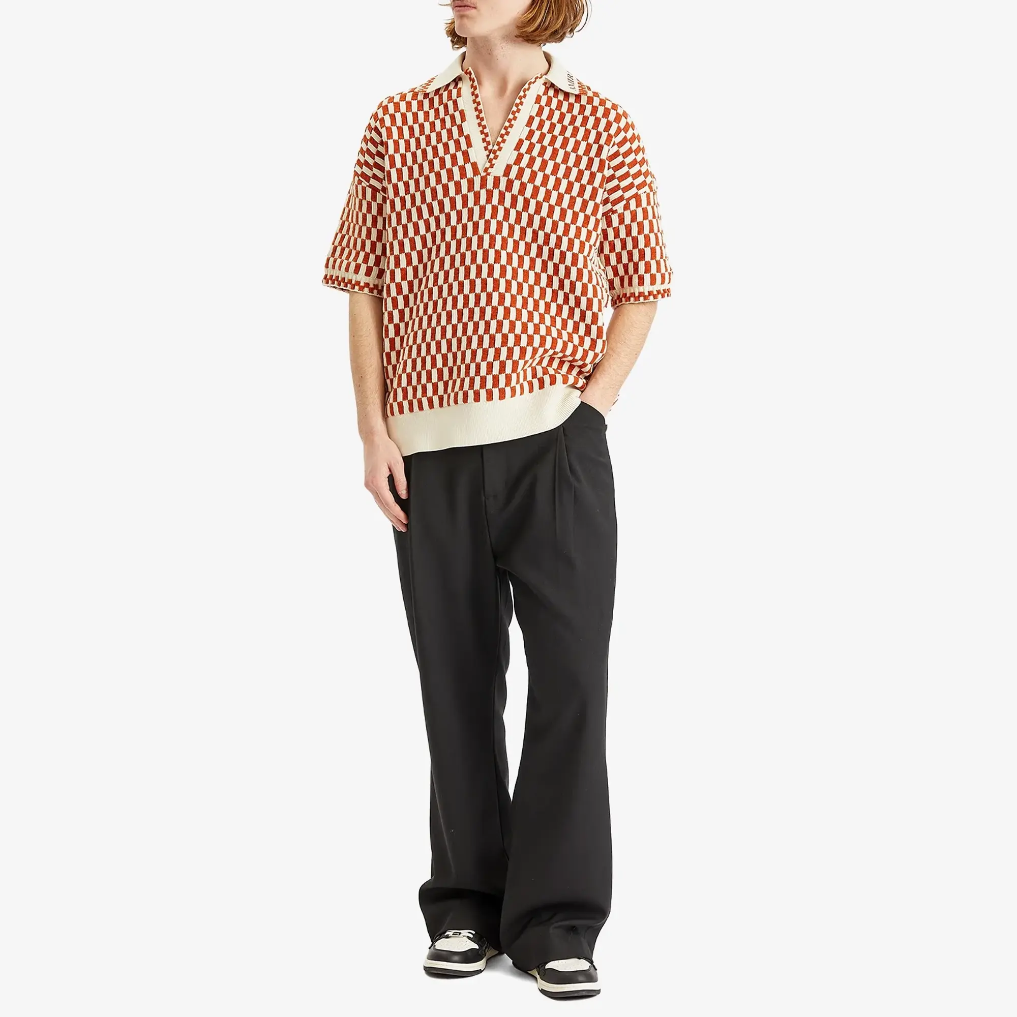 AMIRI Men's Checkered Oversized Woven Polo Burnt Orange