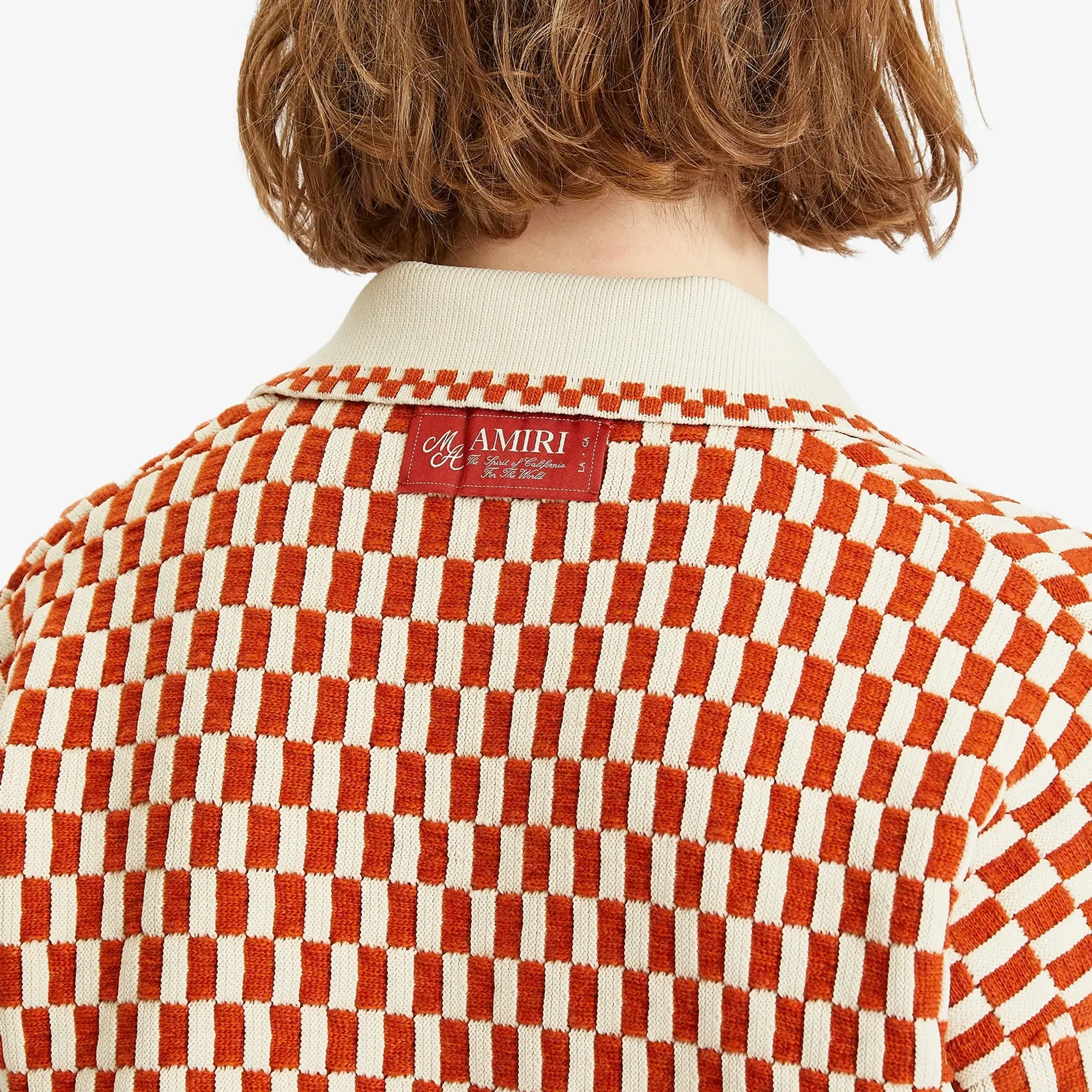 AMIRI Men's Checkered Oversized Woven Polo Burnt Orange