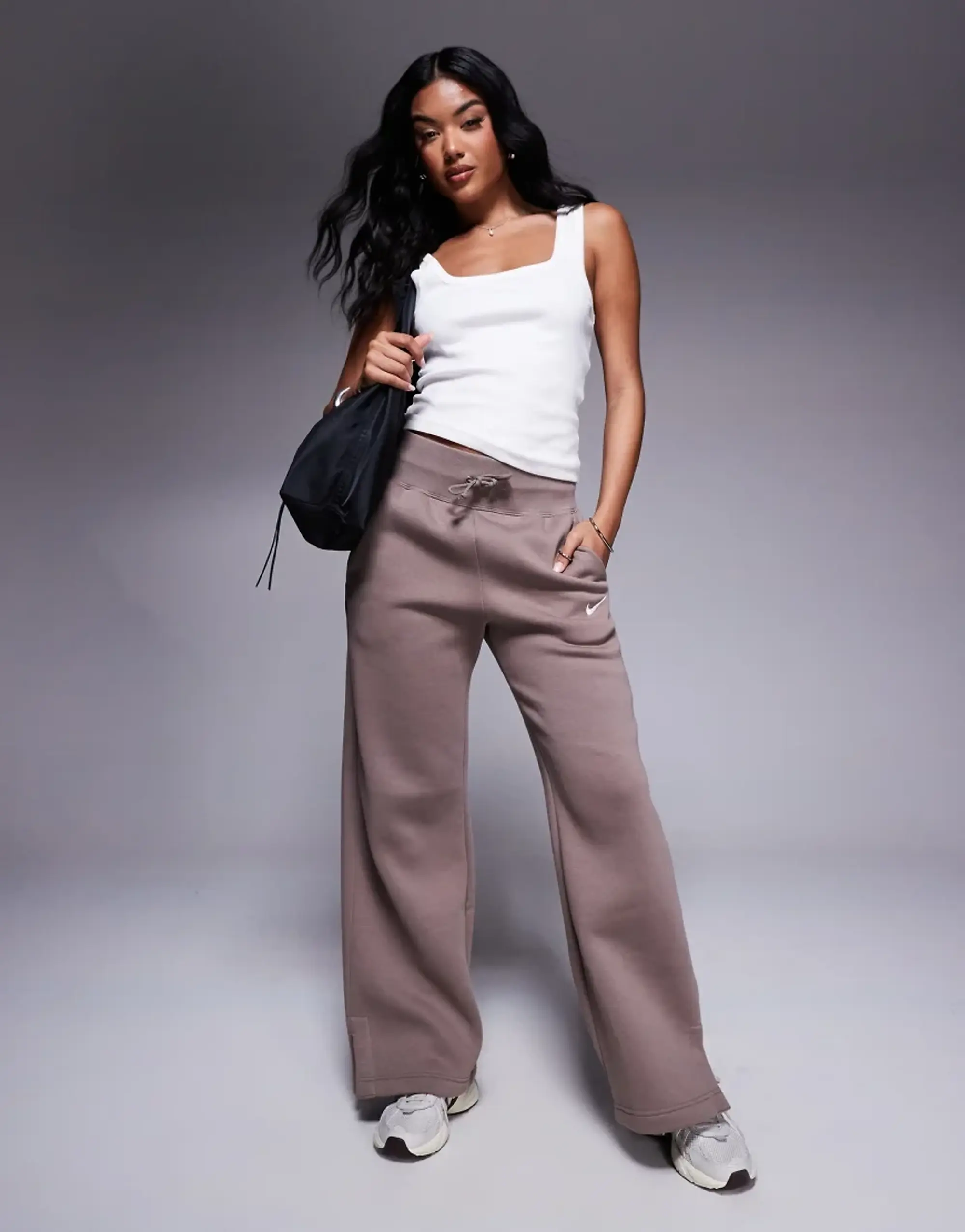 Women's Nike Phoenix Fleece Wide Leg Pants in Brown