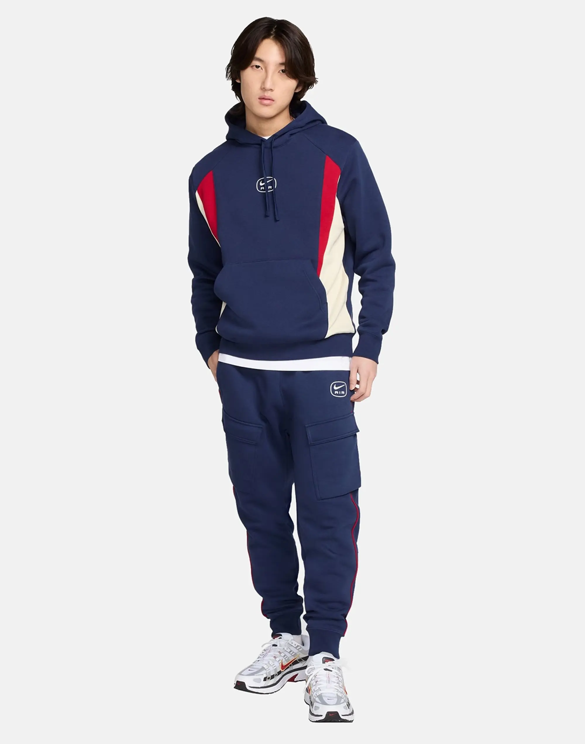 Men's Nike Swoosh Air Fleece Hoodie in Navy Blue/Red