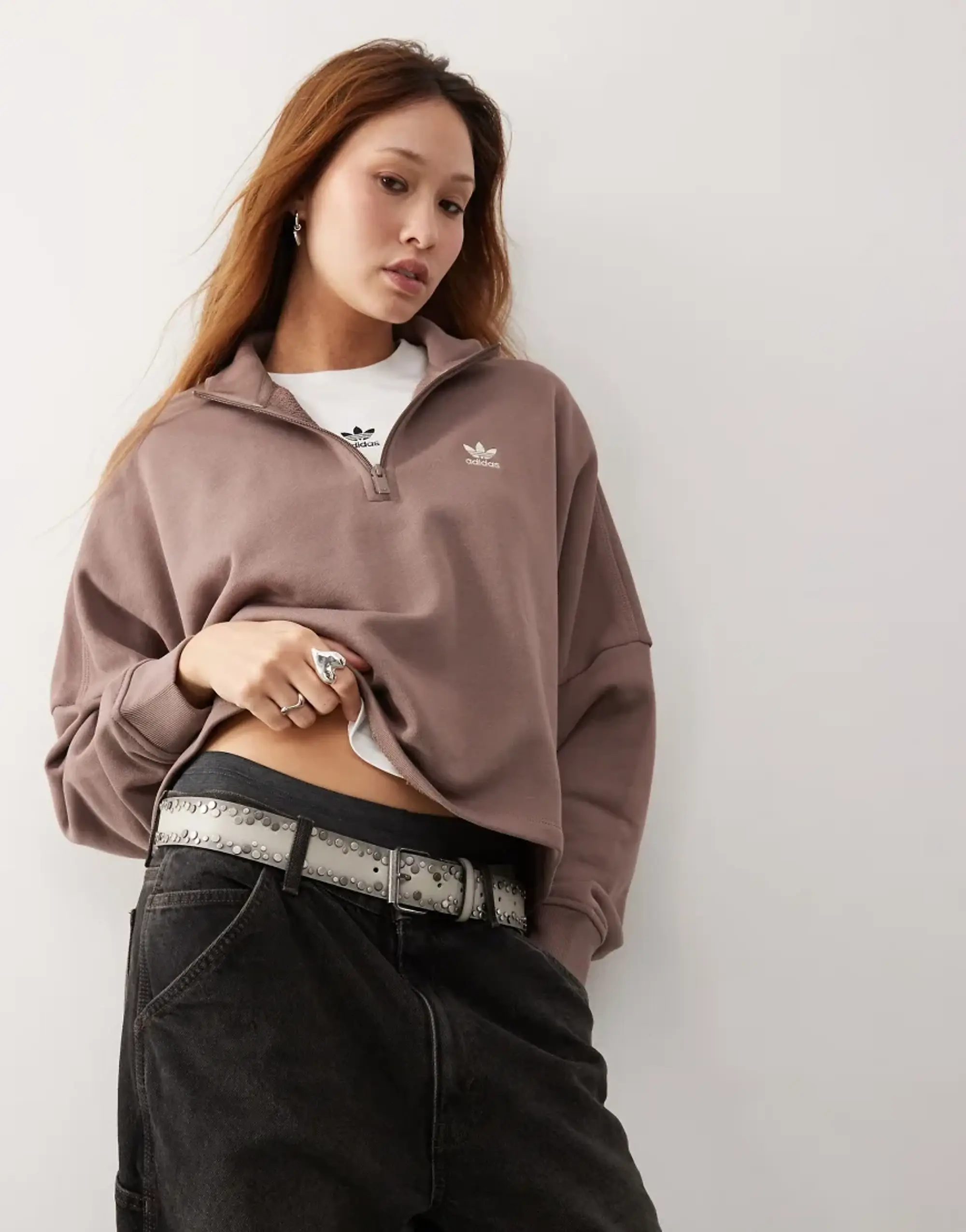 Women's Adidas Originals Essentials Half Zip Top in Brown