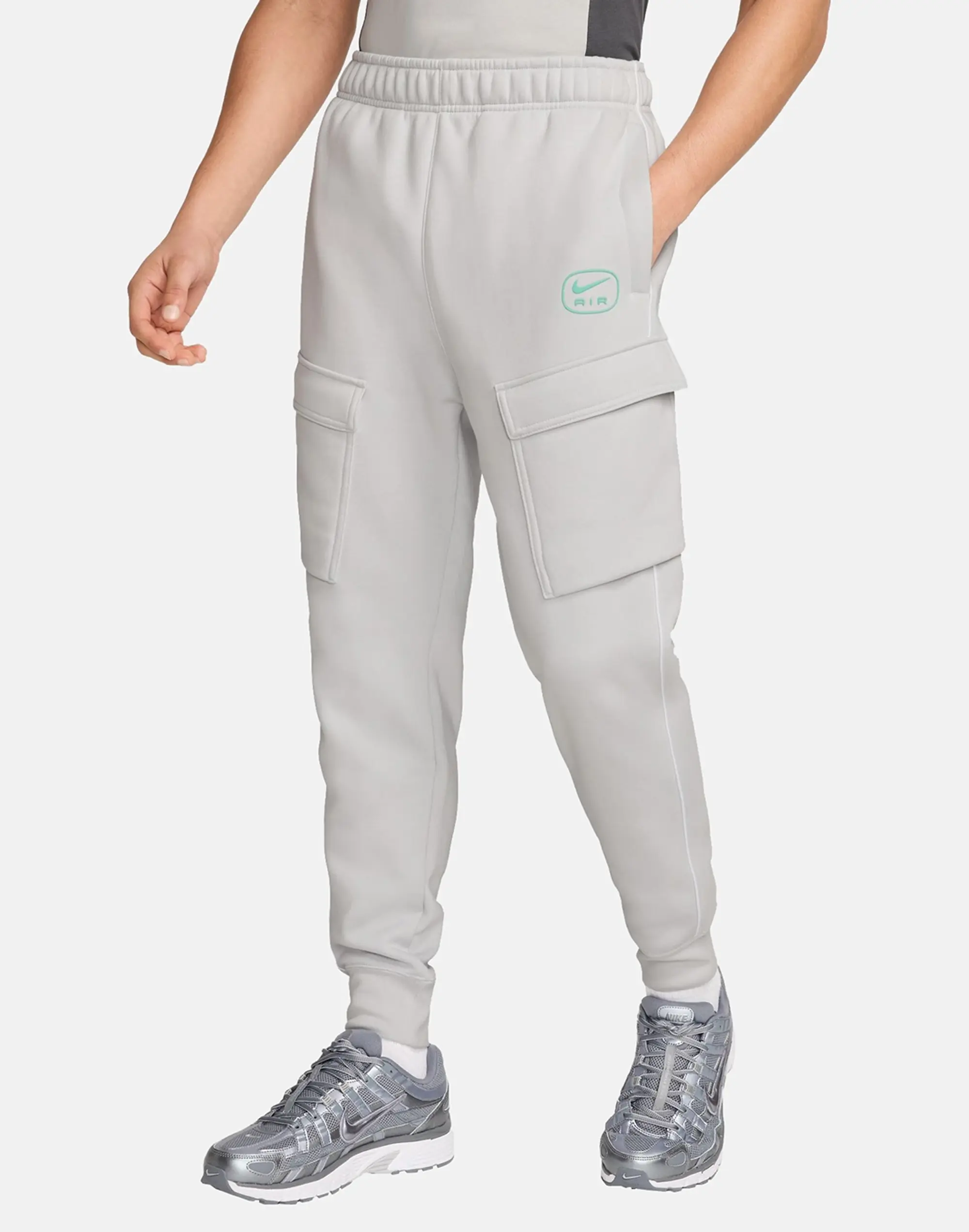 Men's Nike Swoosh Air Cargo Fleece Pants in Grey/White