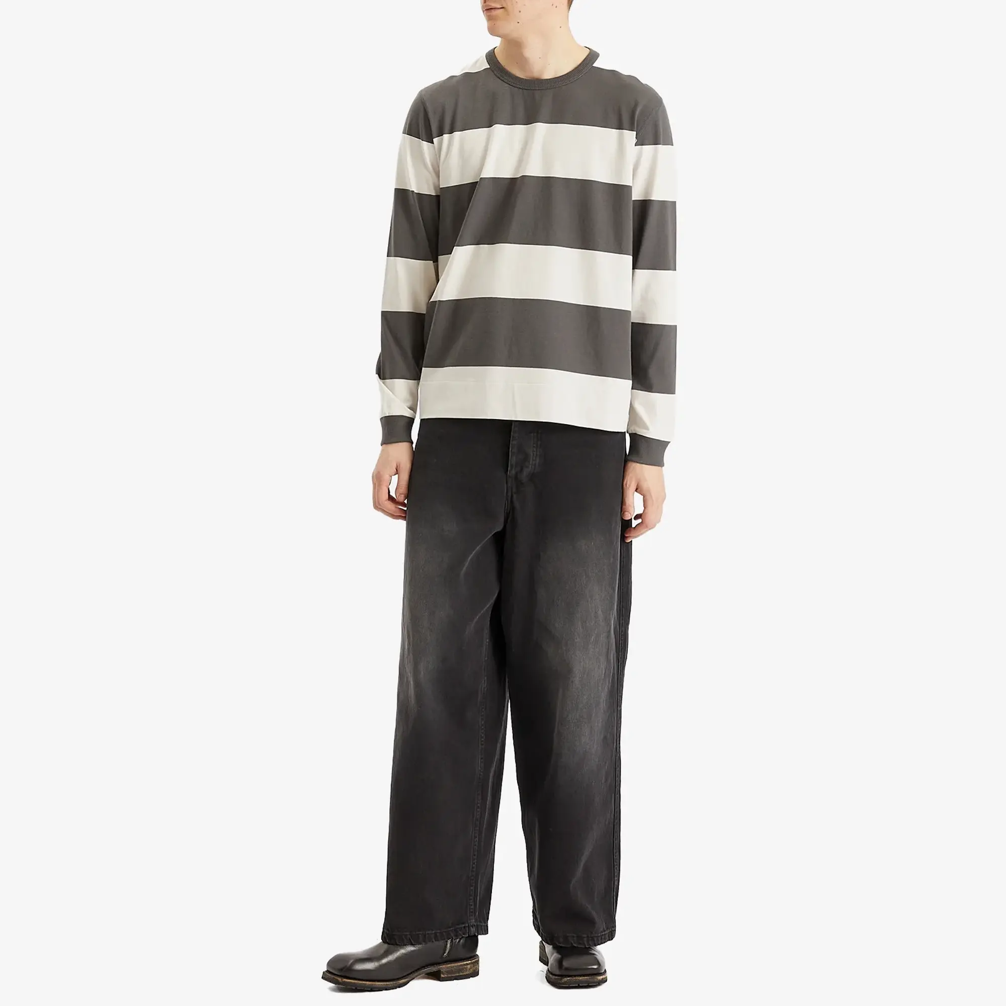 YMC Men's C86 Block Stripe Long Sleece T-Shirt Grey Stone