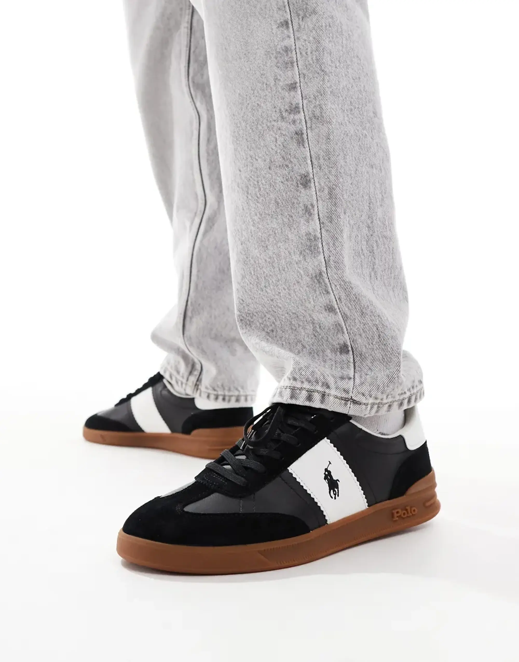 Polo Ralph Lauren Heritage Aera Trainer In Black And White With Gum Sole