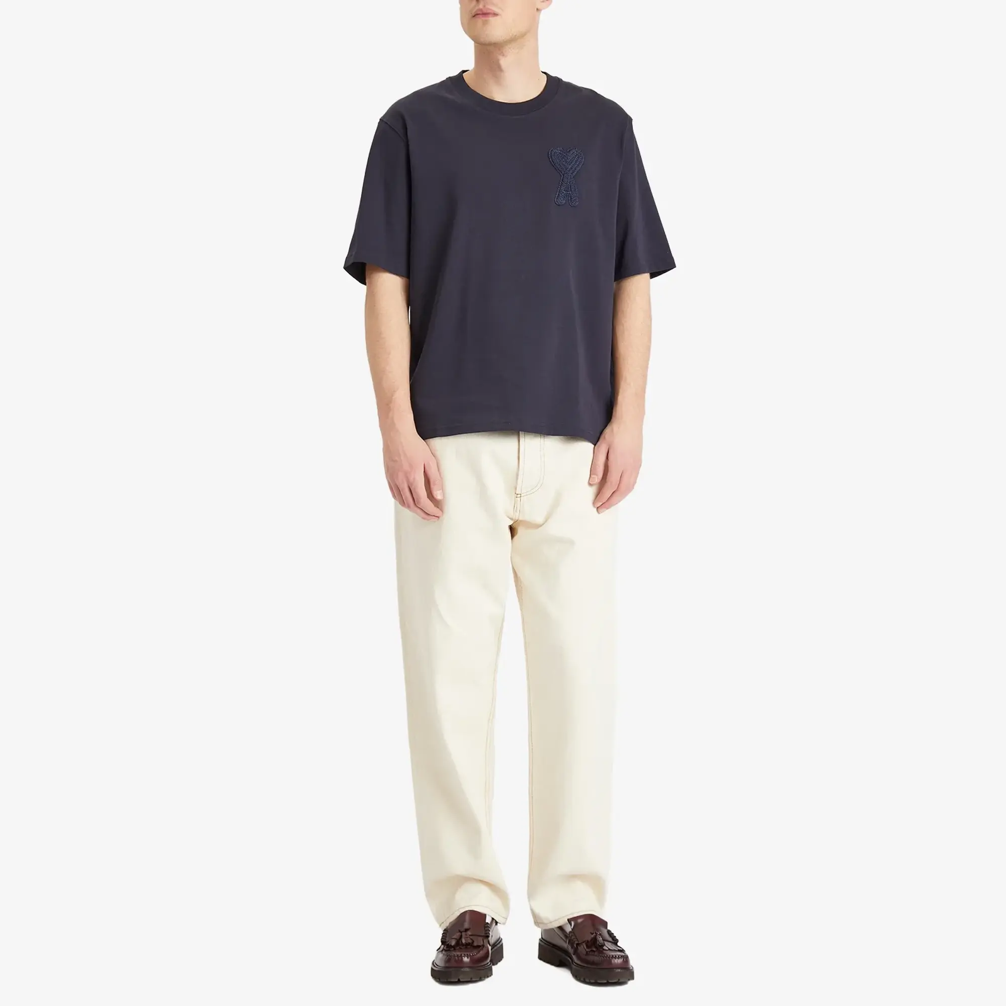 AMI Paris Men's Woven Logo T Shirt Navy Blue