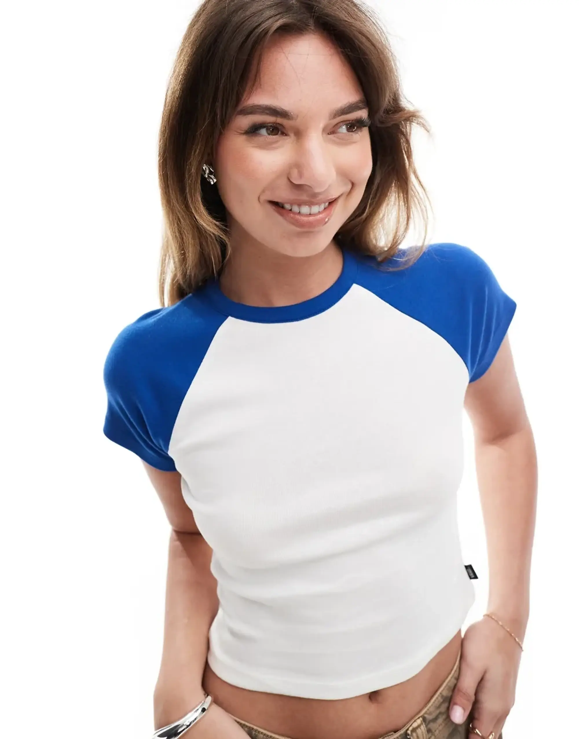 Vans Clare Raglan Tee In True Blue/Marshmallow