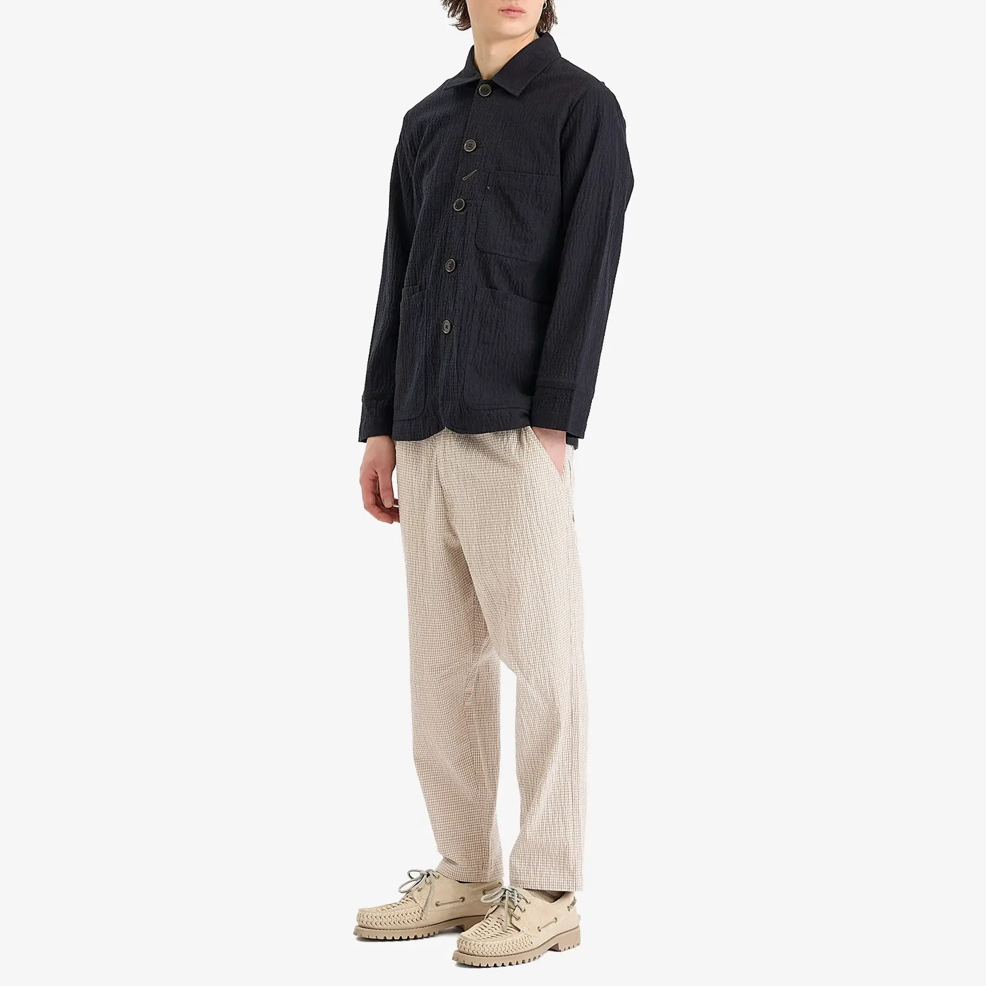 Universal Works Men's Ospinal Cotton Seersucker Bakers Jacket Dark Navy