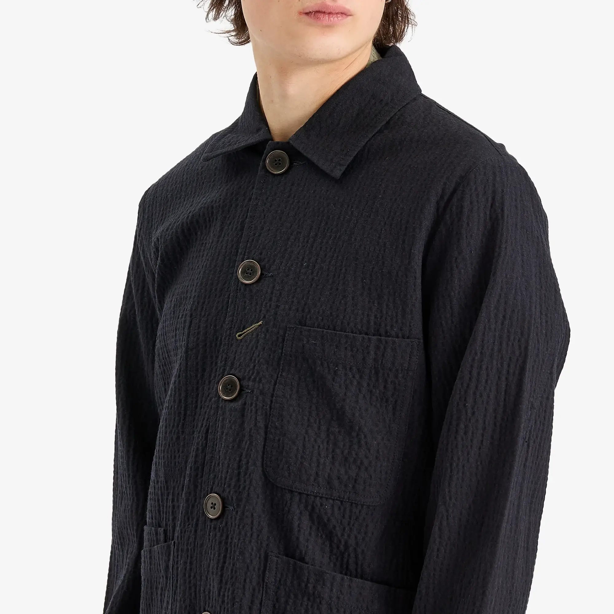 Universal Works Men's Ospinal Cotton Seersucker Bakers Jacket Dark Navy