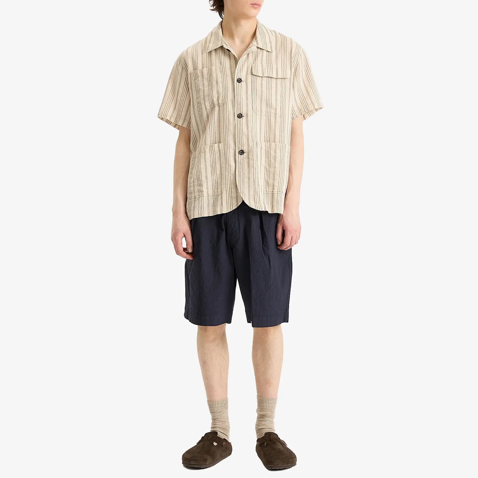 Universal Works Men's Seersucker Pleated Track Short Navy