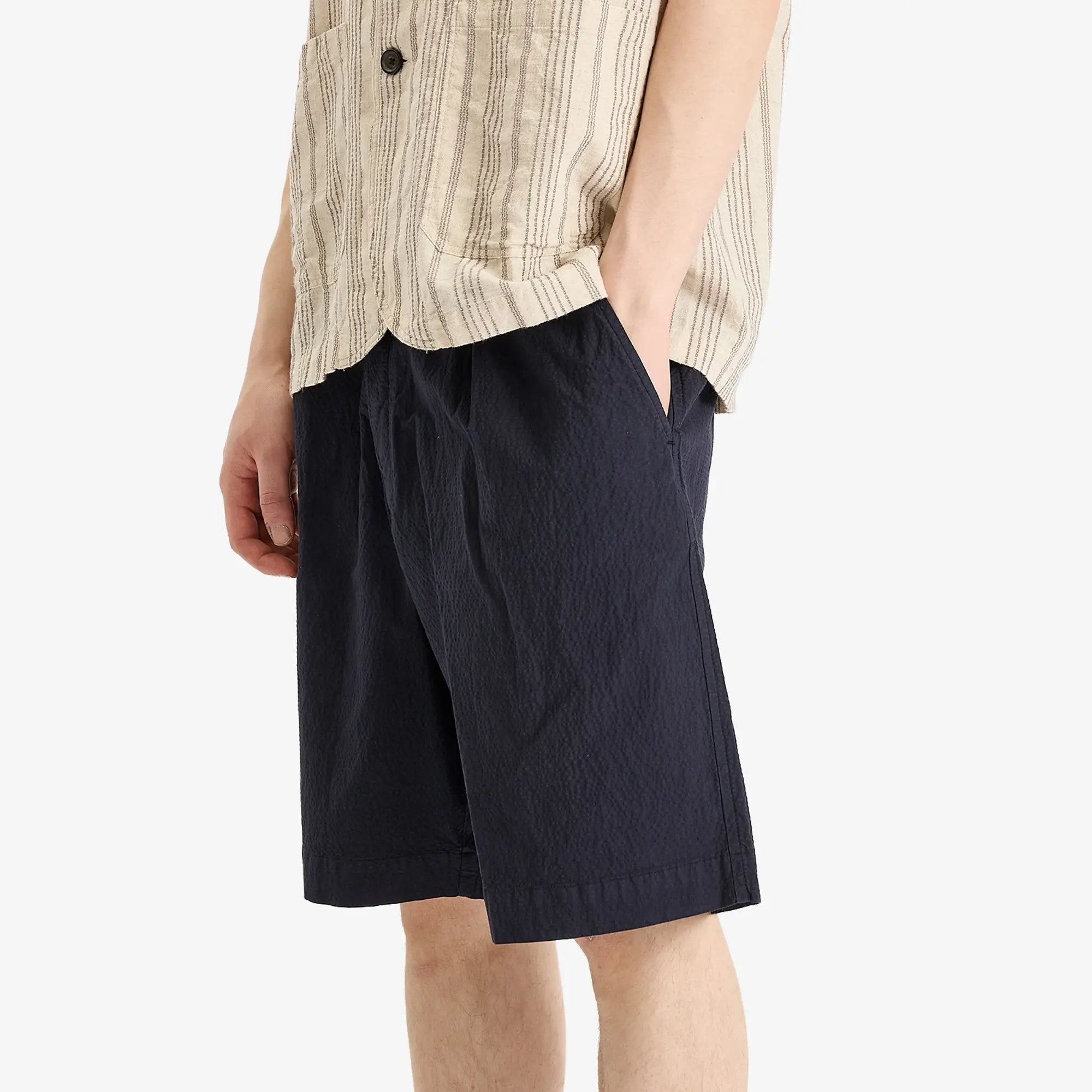 Universal Works Men's Seersucker Pleated Track Short Navy
