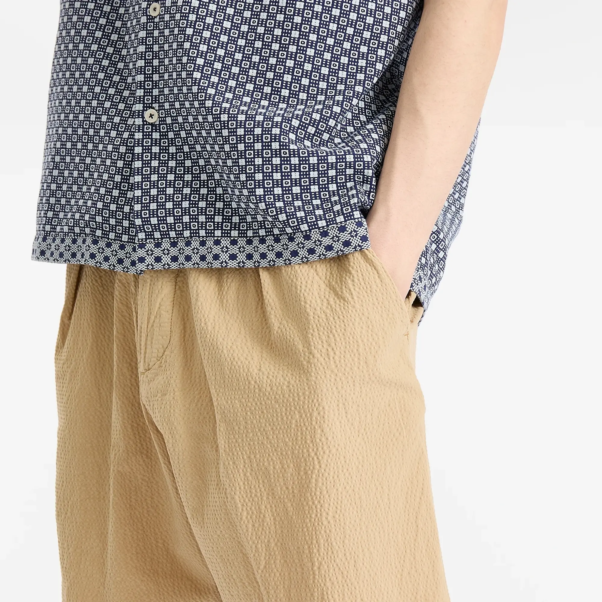 Universal Works Men's Seersucker Pleated Track Short Sand