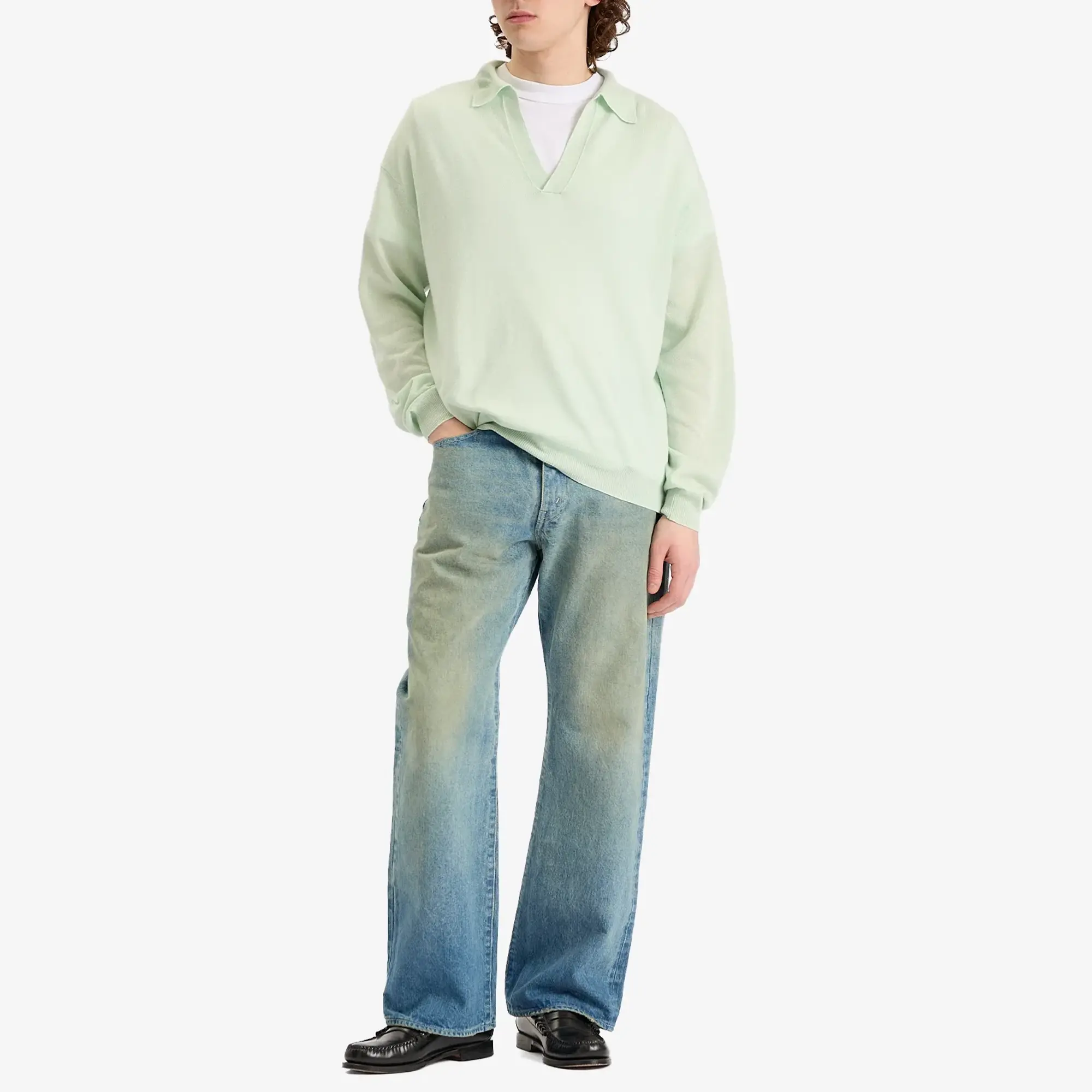 Auralee Men's Super Fine Cashmere Silk Knit Skipper Polo White Green